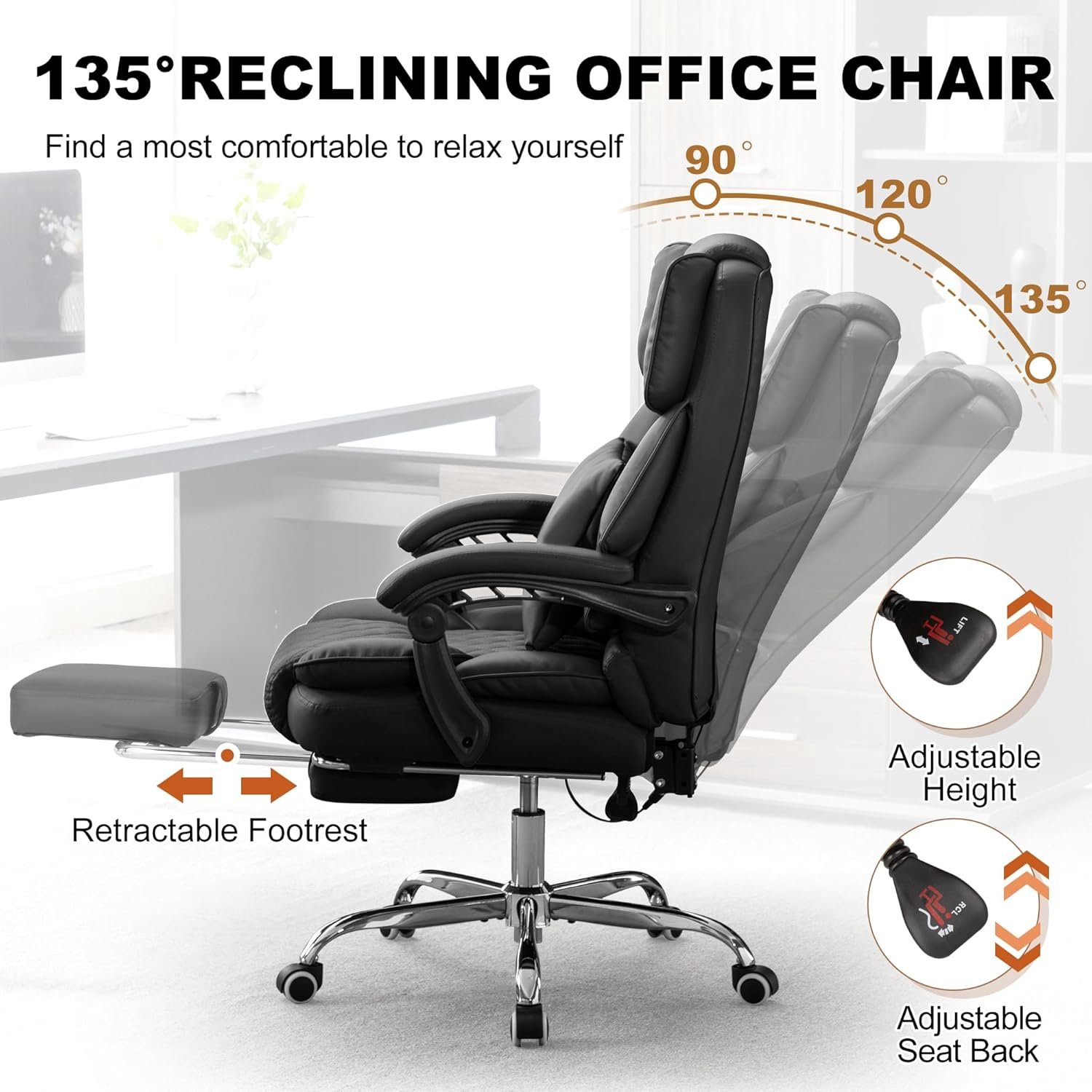 Kneading Massage Executive Office Chair with Heated,90-135°Reclining Office Chair with Footrest,Ergonomic Computer Desk Chair with Backrest,Diamond-Stitched Cushion Leather Office Chair (Brown)