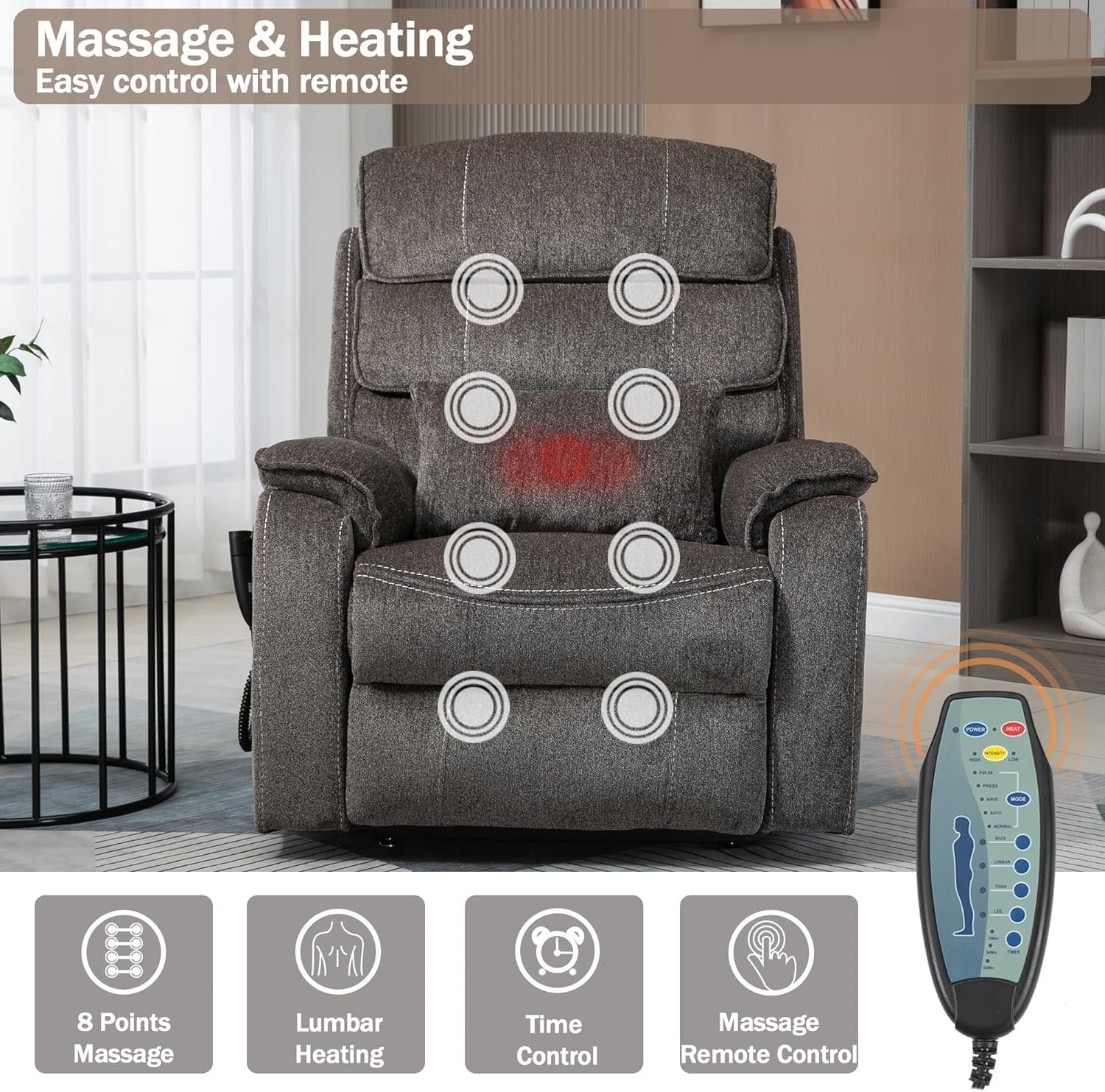 Large Velvet Fabric Lay Flat Power Lift Recliner Chair for Adults Elderly Recliners with Massage Heating Adjustable Furniture with USB Ports, Remote,Side P