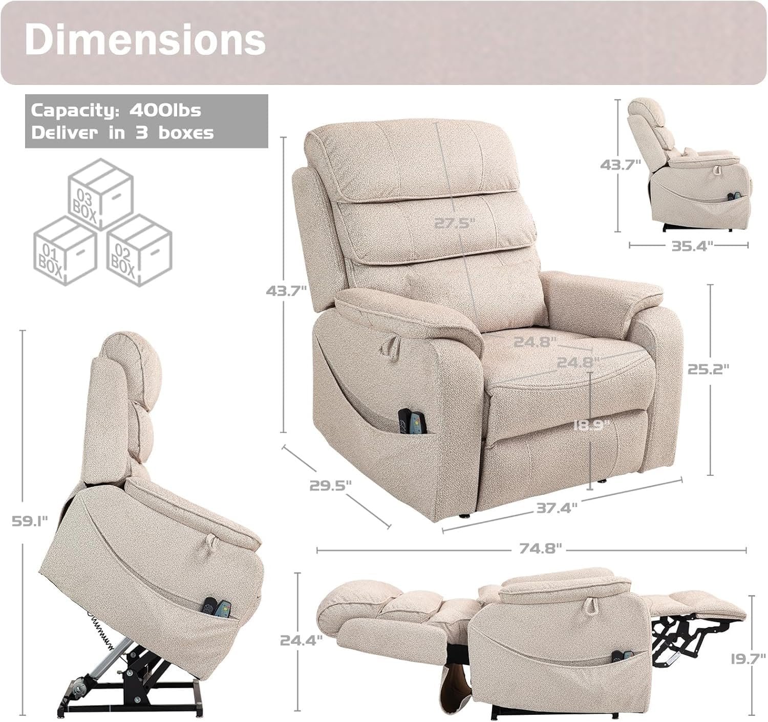 Large Wireless Charging Velvet Fabric Power Lift Recliner Chair for Adults Lay Flat Elderly Recliners with Massage Heating Adjustable Furniture with USB Ports, Remote,Side P