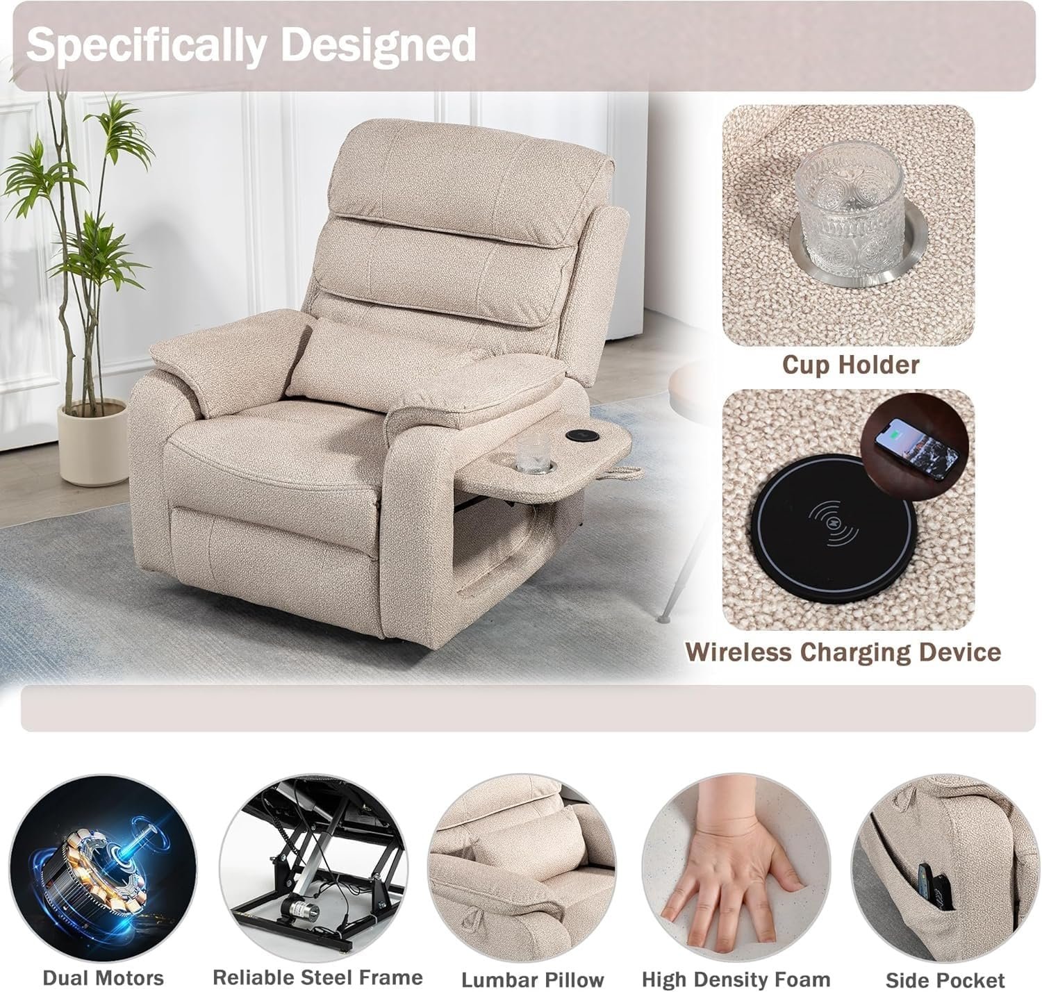 Large Wireless Charging Velvet Fabric Power Lift Recliner Chair for Adults Lay Flat Elderly Recliners with Massage Heating Adjustable Furniture with USB Ports, Remote,Side P