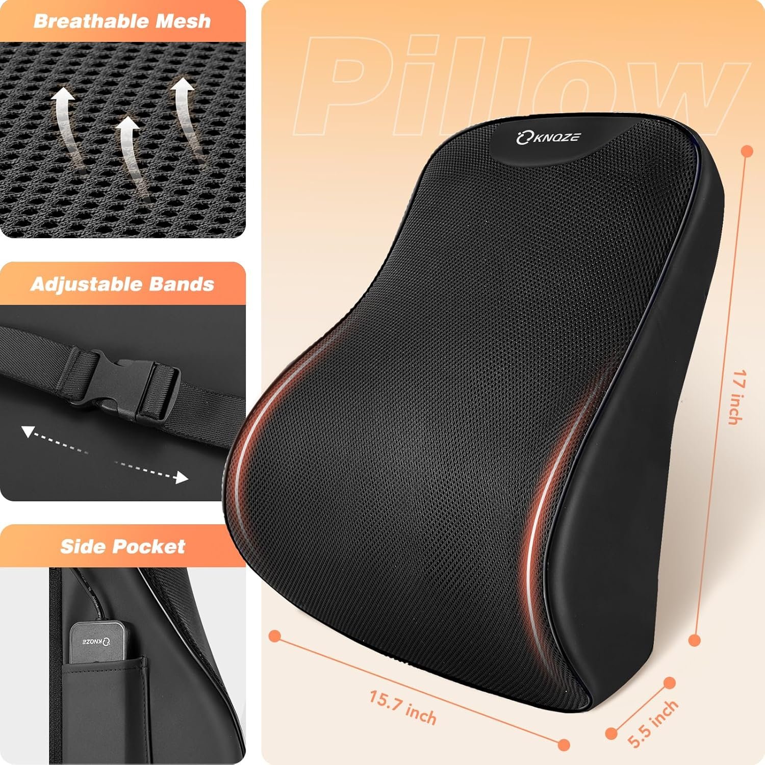 Lumbar Support Pillow for Office Chair, Heated Back Support Pillow with Vibration, Back Massage for Pain Relief, 3 Heating Levels  4 Motors  3 Intensities, at Home Office Car Sofa - Black