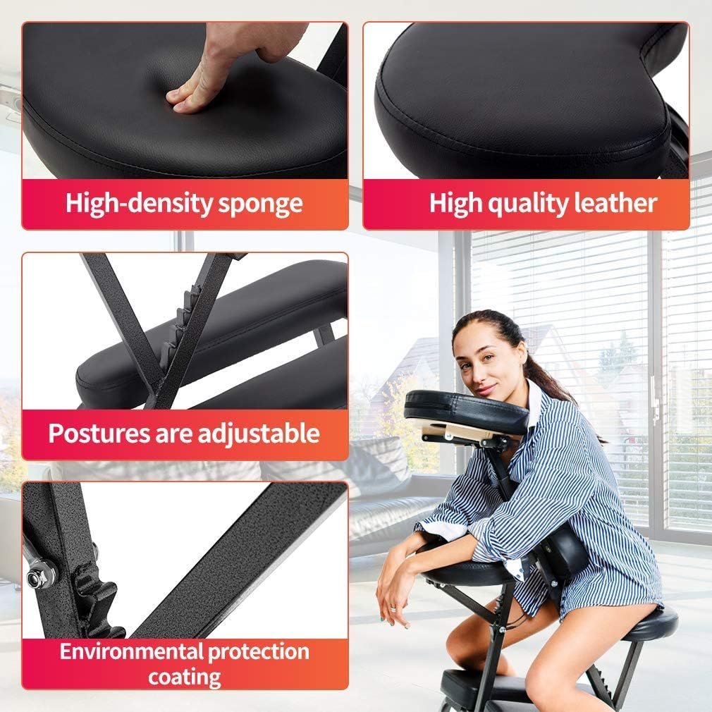 Massage Chair Portable Massage Chairs Tattoo Spa, Height Adjustable Folding Leather Travel Salon Chair w/Free Carry Case (Black)