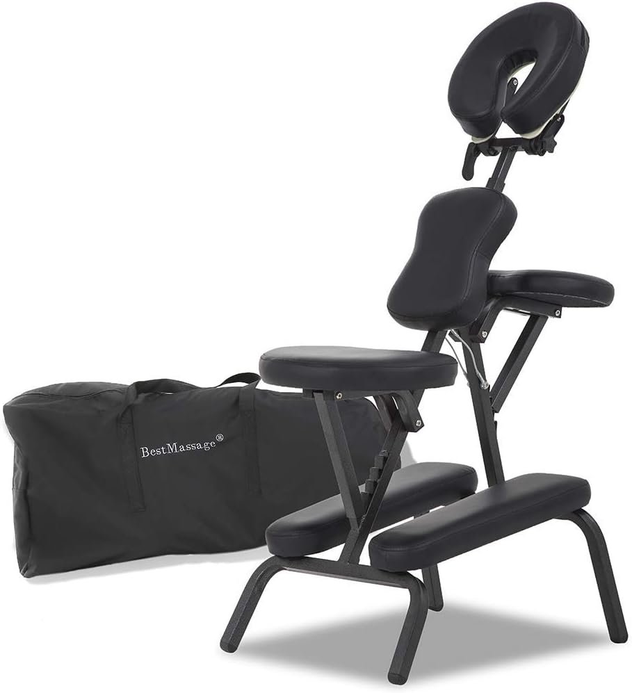 Massage Chair Portable Massage Chairs Tattoo Spa, Height Adjustable Folding Leather Travel Salon Chair w/Free Carry Case (Black)