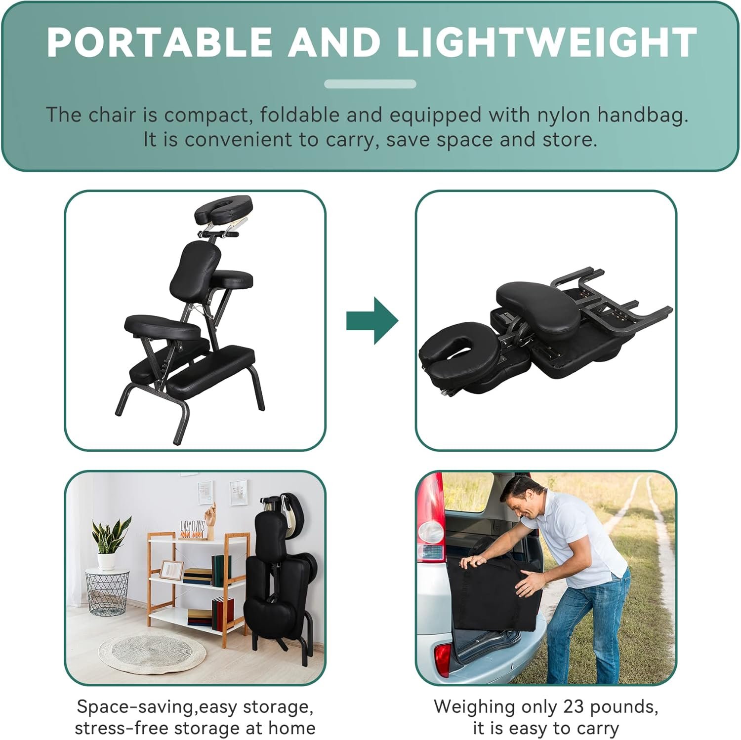 Massage Chair Portable Tattoo Chair Foldable Massage Therapy Chair, Height Adjustable 4 Inches Thick Sponge Face Cradle Spa Salon Massage Chair with Carrying Bag (Black)