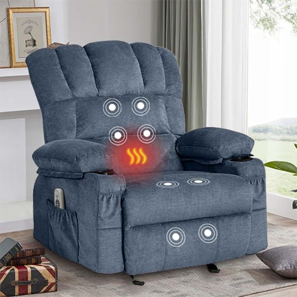 Massage Chair Recliner with HeatUSB,Comfotable Lazy Boy Recliner Chair with Cup Holder2 Side Pockets,Manual Recliner Chair for Adults,Bread-Shaped,Heavy Duty,Fabric (Blue)