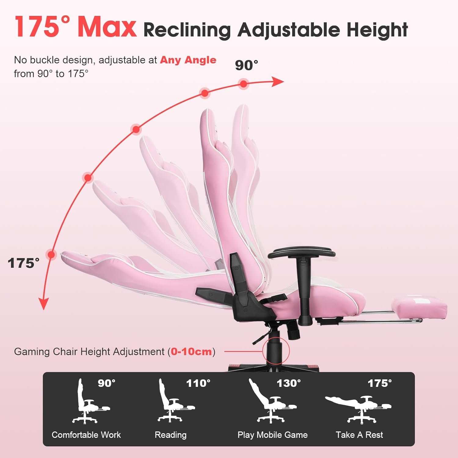 Massage Gaming Chair 7-Point, Office Chair with Footrest and Lumbar Support, Adjustable Seat Height Ergonomic, Thickened and Widened Cushions Backrest, 175° Reclining Max, Pink