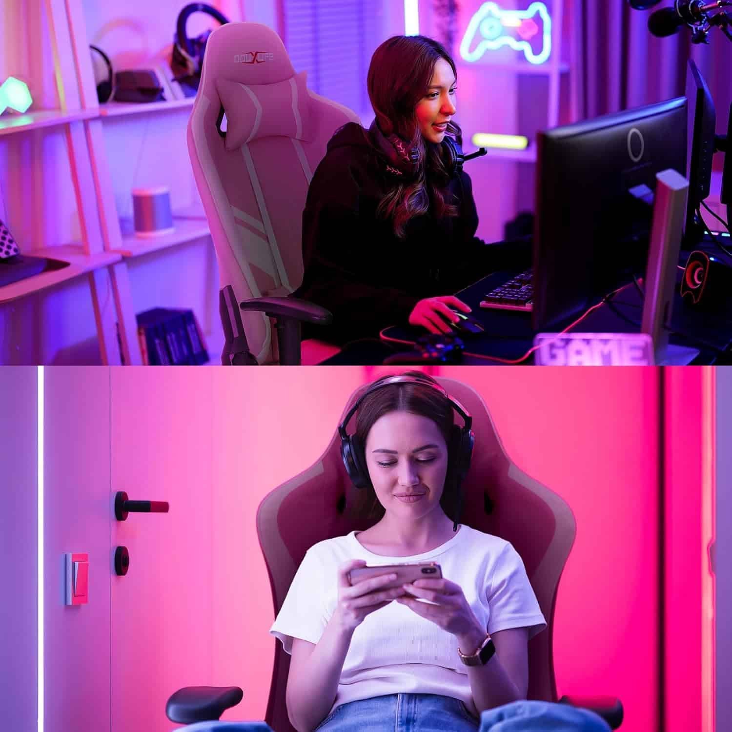 Massage Gaming Chair 7-Point, Office Chair with Footrest and Lumbar Support, Adjustable Seat Height Ergonomic, Thickened and Widened Cushions Backrest, 175° Reclining Max, Pink