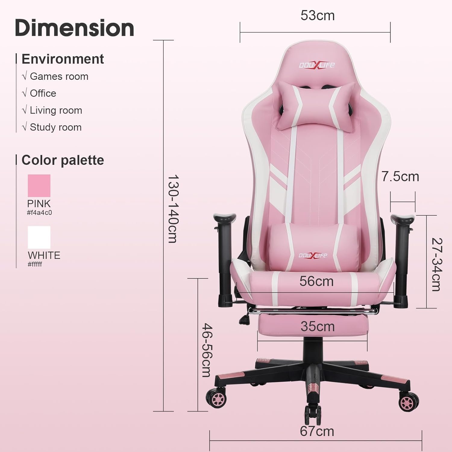 Massage Gaming Chair 7-Point, Office Chair with Footrest and Lumbar Support, Adjustable Seat Height Ergonomic, Thickened and Widened Cushions Backrest, 175° Reclining Max, Pink