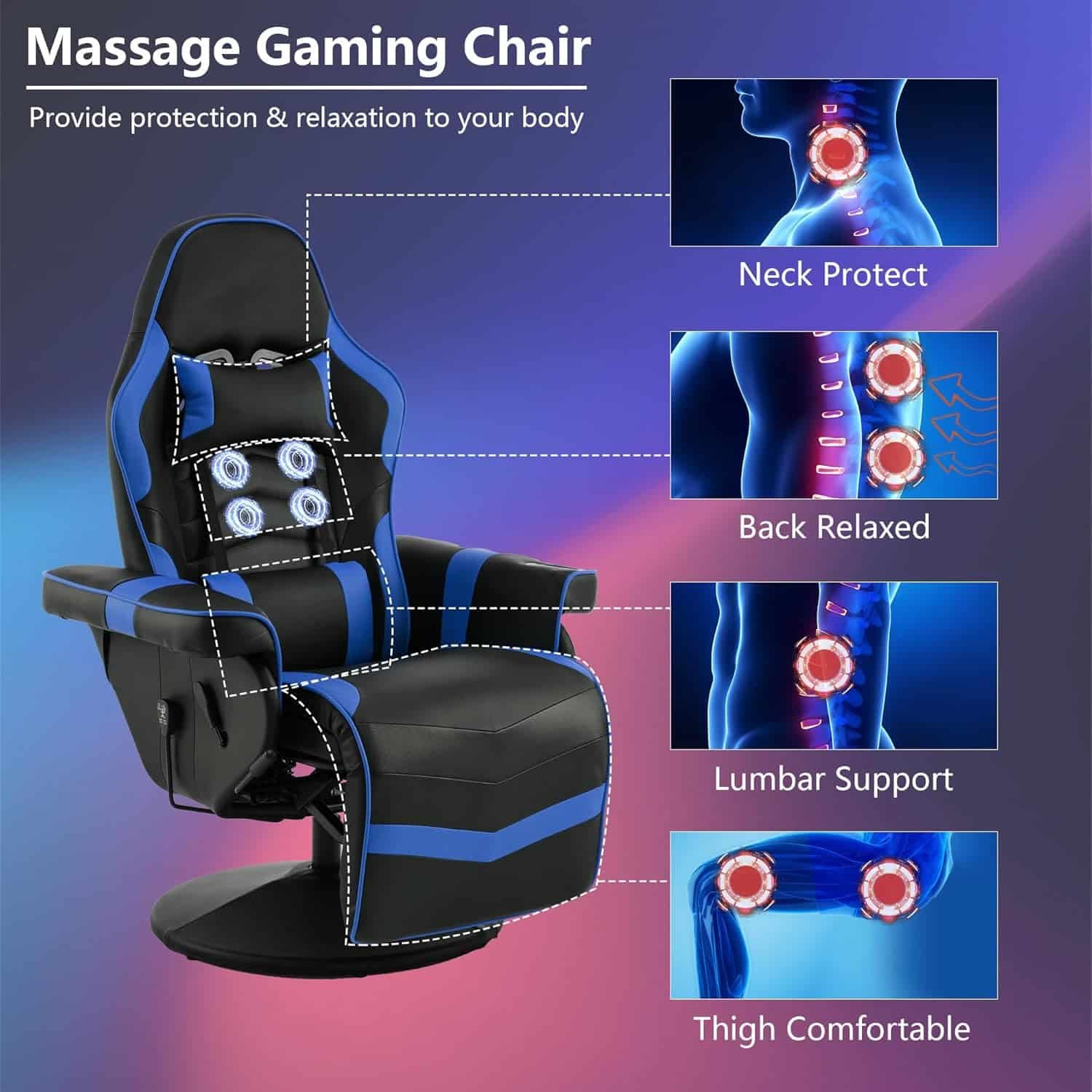 Massage Gaming Chair for Adults, Heavy Duty Reclining Office Chair with Footrest, Adjustable Backrest and Cup Holder, Black Blue Massage Gaming Chair for Adults, Heavy Duty Reclining Office Chair with Footrest, Adjustable Backrest and Cup Holder, Black Blue