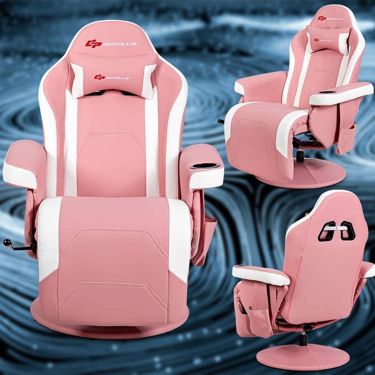 Massage Gaming Chair, Reclining High Back Office Chair w/Adjustable Backrest Footrest, PU Leather Swivel Ergonomic Computer Chair w/Side Pouch Cup Holder for Adults (Pink)