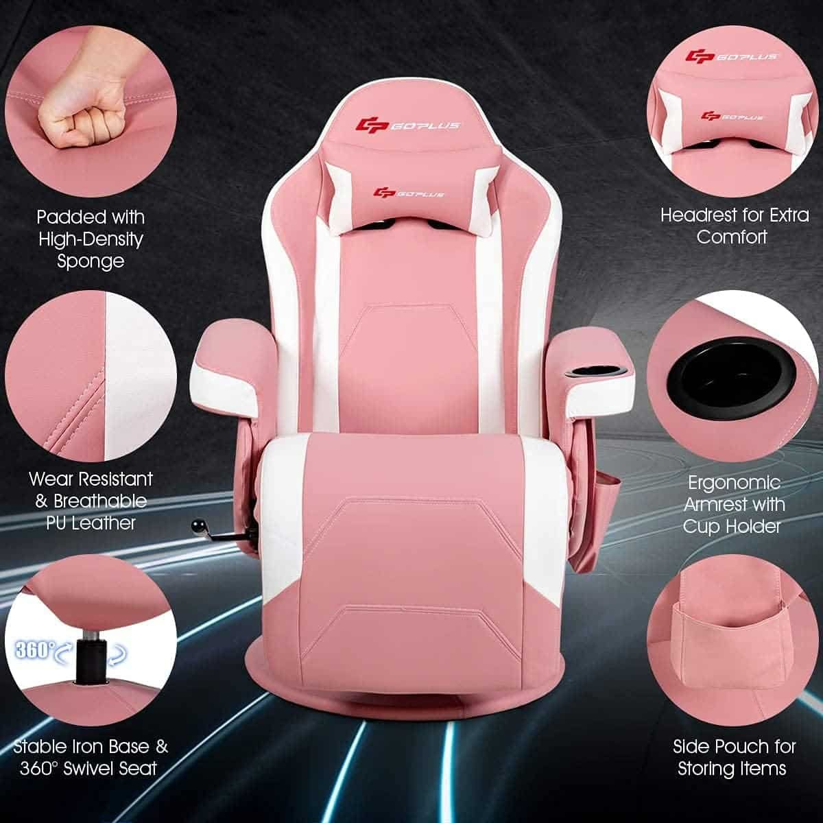Massage Gaming Chair, Reclining High Back Office Chair w/Adjustable Backrest Footrest, PU Leather Swivel Ergonomic Computer Chair w/Side Pouch Cup Holder for Adults (Pink)