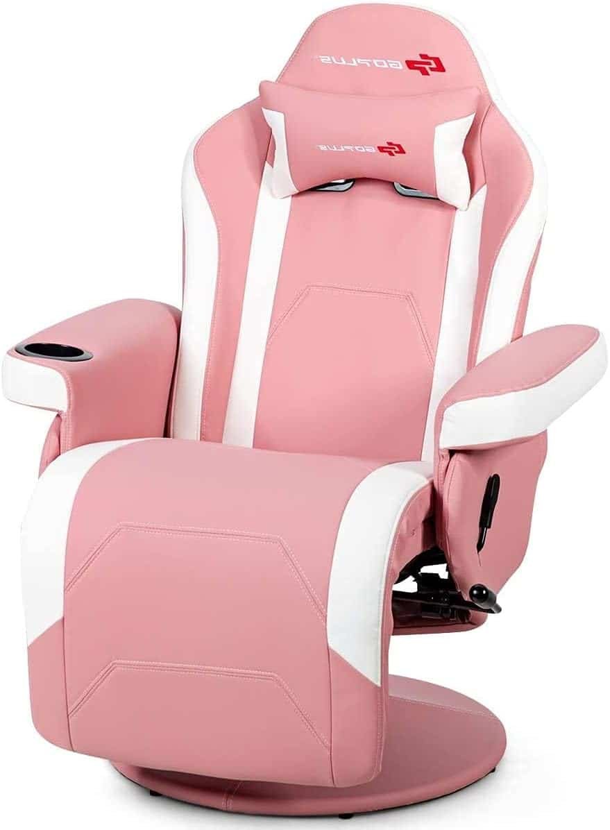 Massage Gaming Chair, Reclining High Back Office Chair w/Adjustable Backrest Footrest, PU Leather Swivel Ergonomic Computer Chair w/Side Pouch Cup Holder for Adults (Pink)