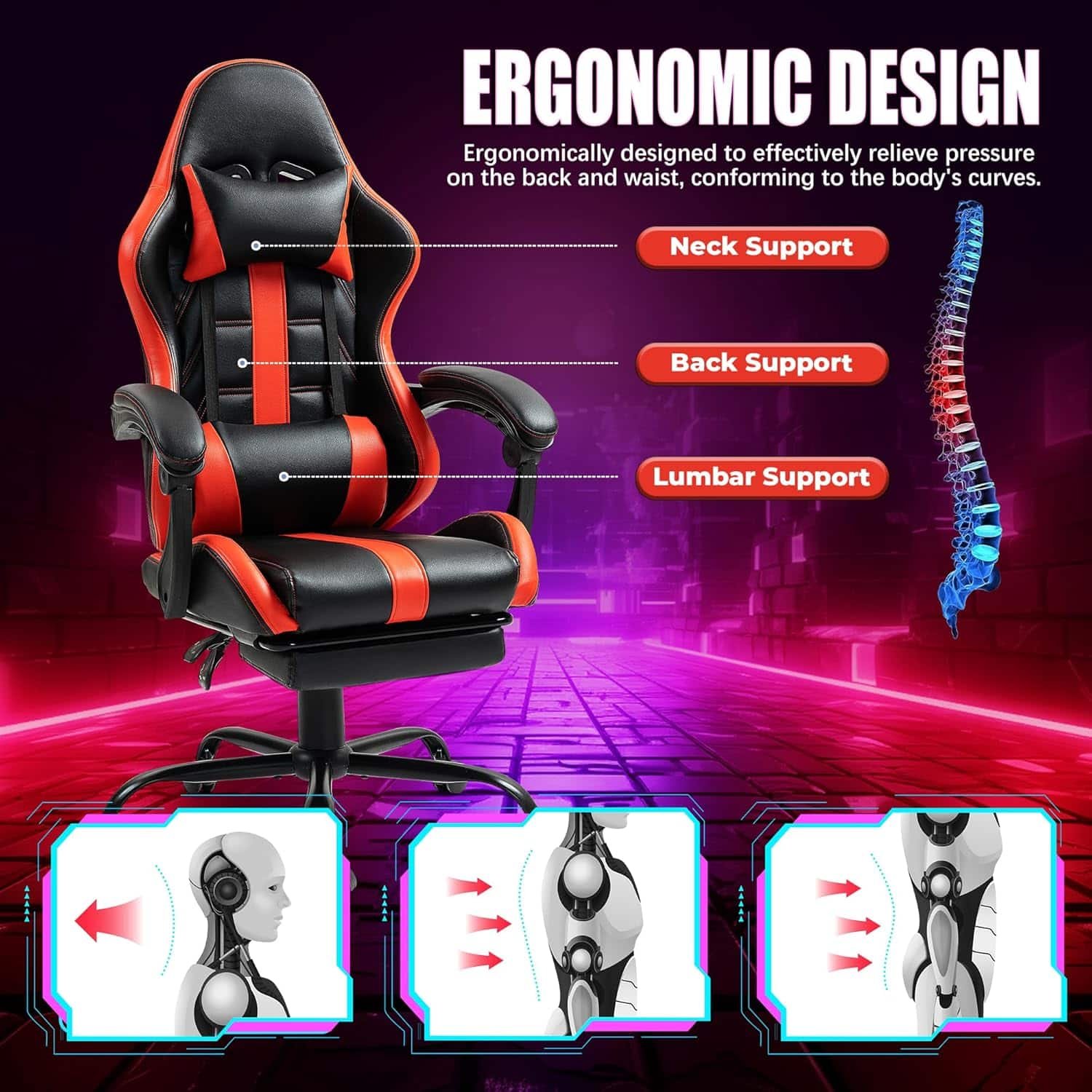 Massage Gaming Chair with Footrest, Ergonomic PU Leather Computer Chair w/Headrest and Lumbar, Height Adjustable, 360° Swivel Desk Office Chair, Blue