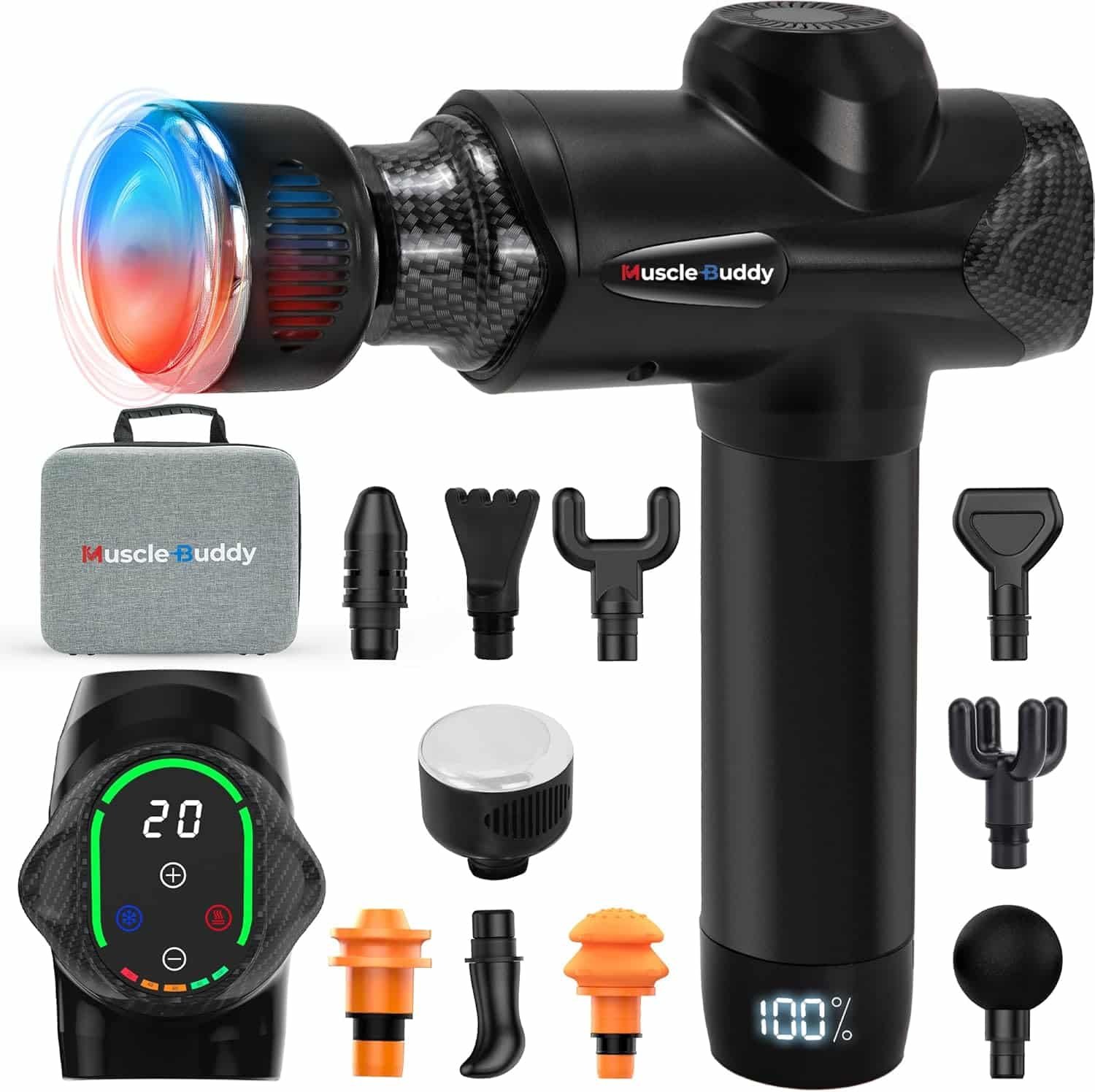 Massage Gun Deep Tissue with Heat and Cold Head, 6 Temperatures, 20 Levels  10 Heads, Handheld Muscle Massager Gun with Carry Case, Portable Percussion Muscle Massager Gun (Black)
