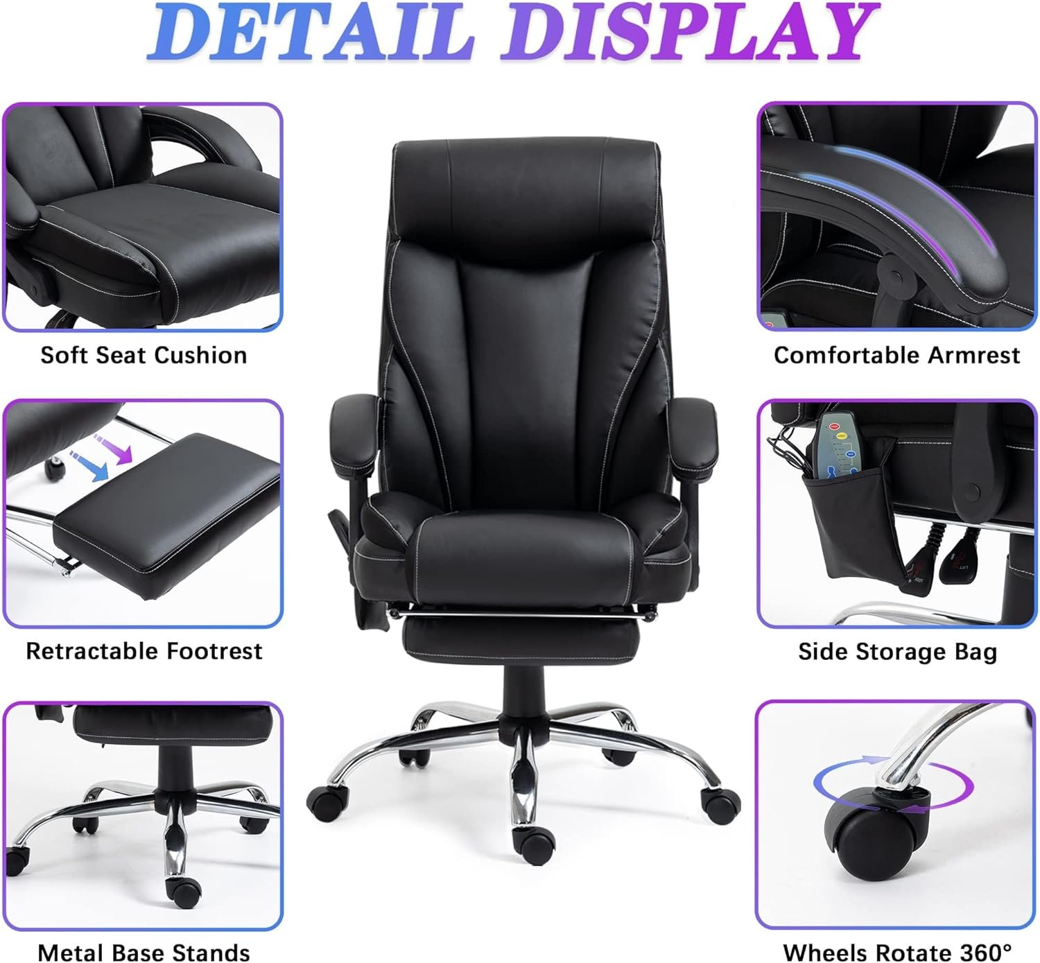 Massage Office Chair with 8 Points Vibration, Reclining Office Chair with Footrest, Home Office Desk Chairs with Wheels, Ergonomic Executive Desk Chair, 350lb