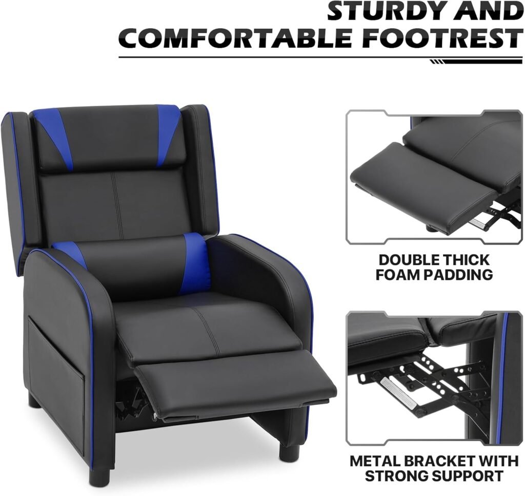 MoNiBloom Recliner Chair for Living Room Massage Recliner Sofa Reading Chair, Adjustable Backrest PU Leather Push Back Gaming Recliner Single Sofa Home Theater Chairs for Adults with Foot Rest, Blue