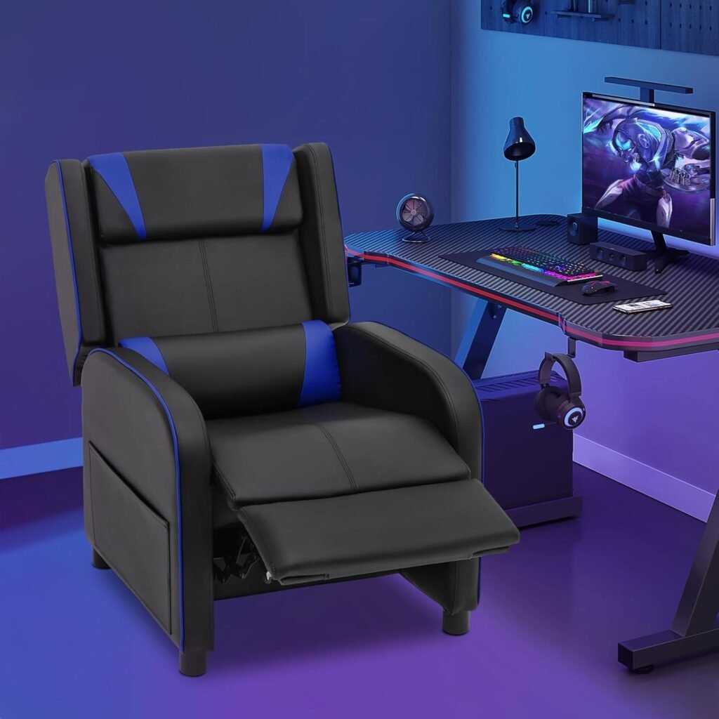 MoNiBloom Recliner Chair for Living Room Massage Recliner Sofa Reading Chair, Adjustable Backrest PU Leather Push Back Gaming Recliner Single Sofa Home Theater Chairs for Adults with Foot Rest, Blue