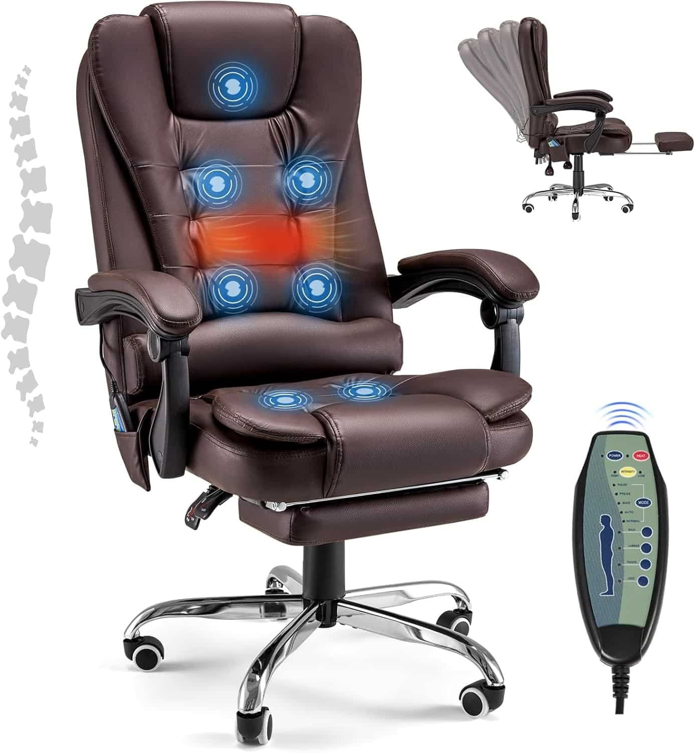 Office Chair with 7 Point Vibrating MassageHeat Functions, Ergonomic Recliner Chair w/Footrest PU Leather Wide Computer Desk Chair Executive Chair with High Back Lumbar Support, Brown