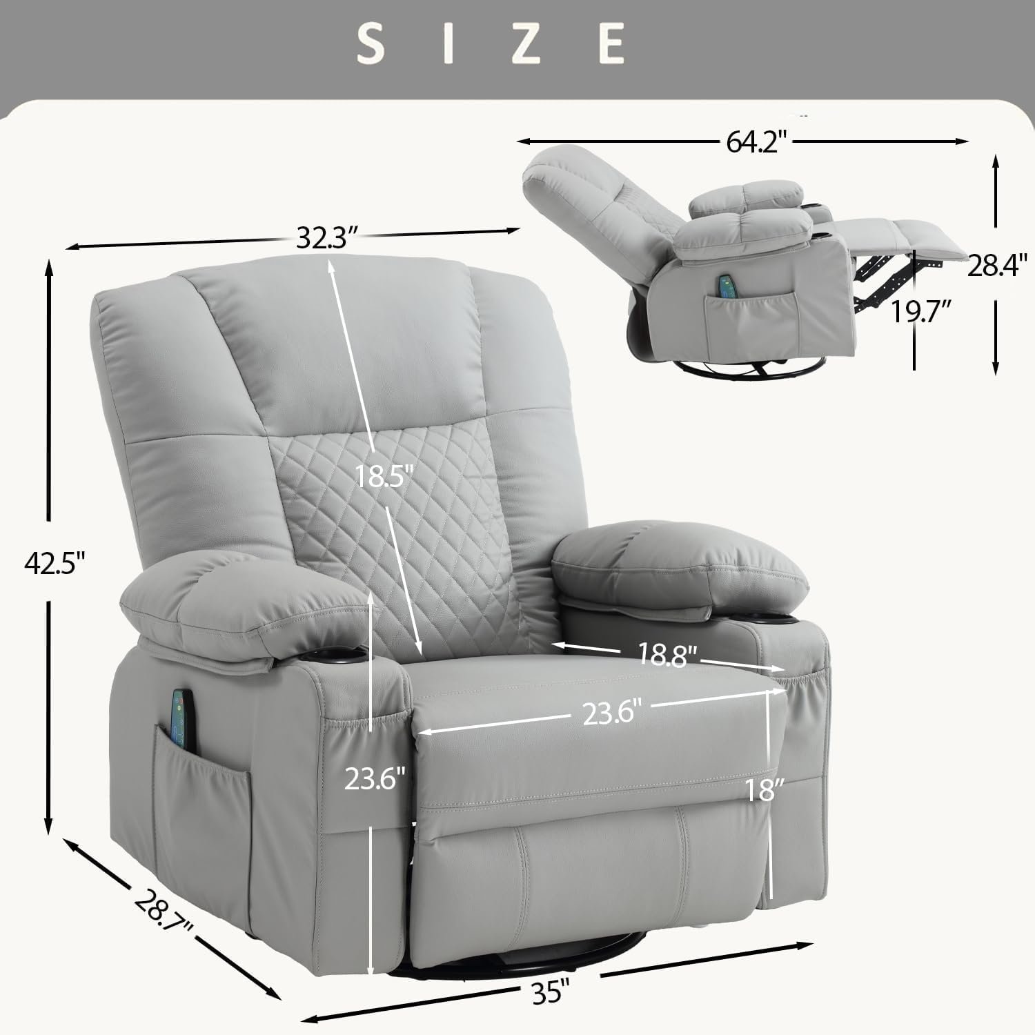 Oversize Swivel Rocker Recliner, with Massage Heat, with Cup Holders, USB Charge Port, Overstuffed Single Sofa Lounge Chairs for Living Room, Bedroom, Adults, Home Theater Seating