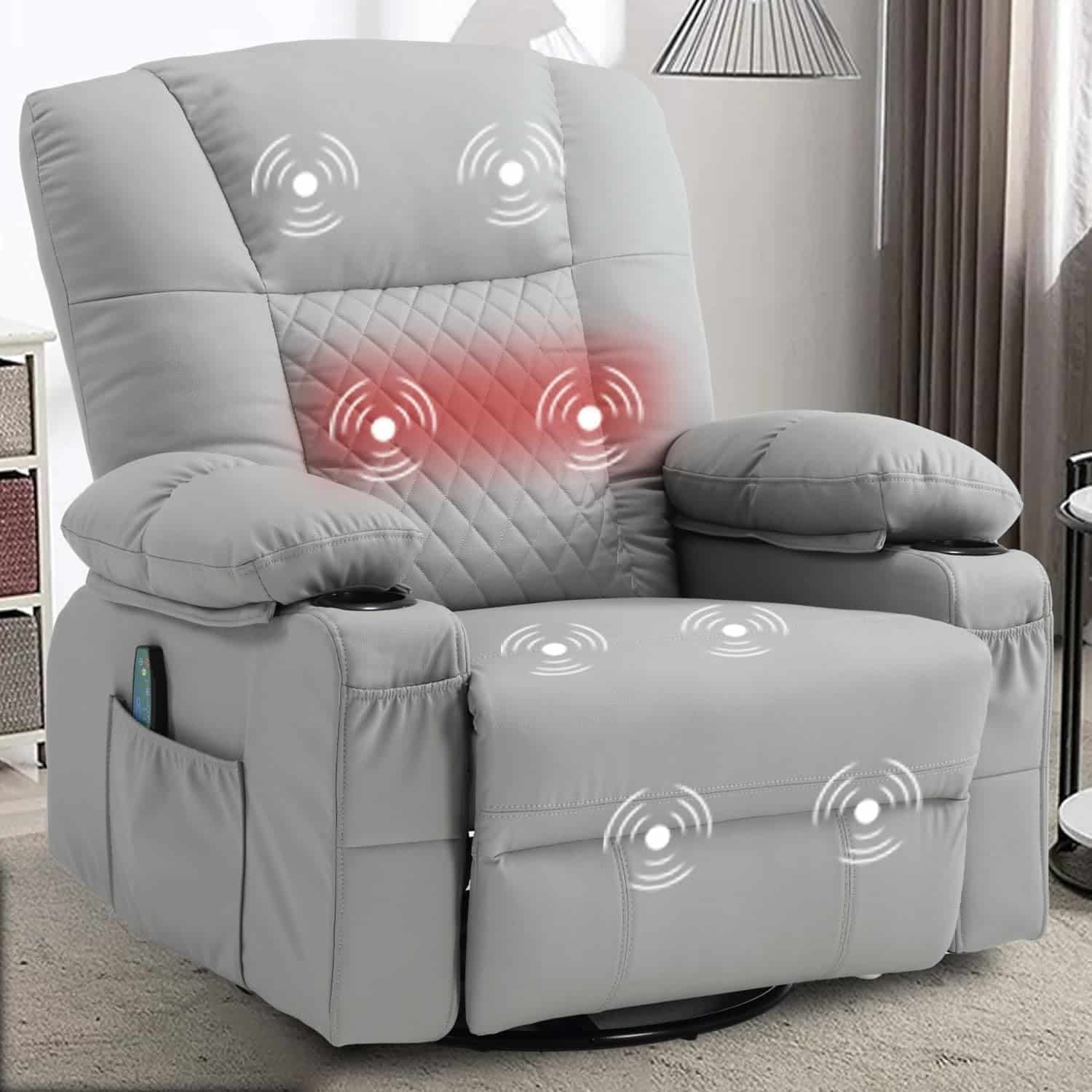 Oversize Swivel Rocker Recliner, with Massage Heat, with Cup Holders, USB Charge Port, Overstuffed Single Sofa Lounge Chairs for Living Room, Bedroom, Adults, Home Theater Seating