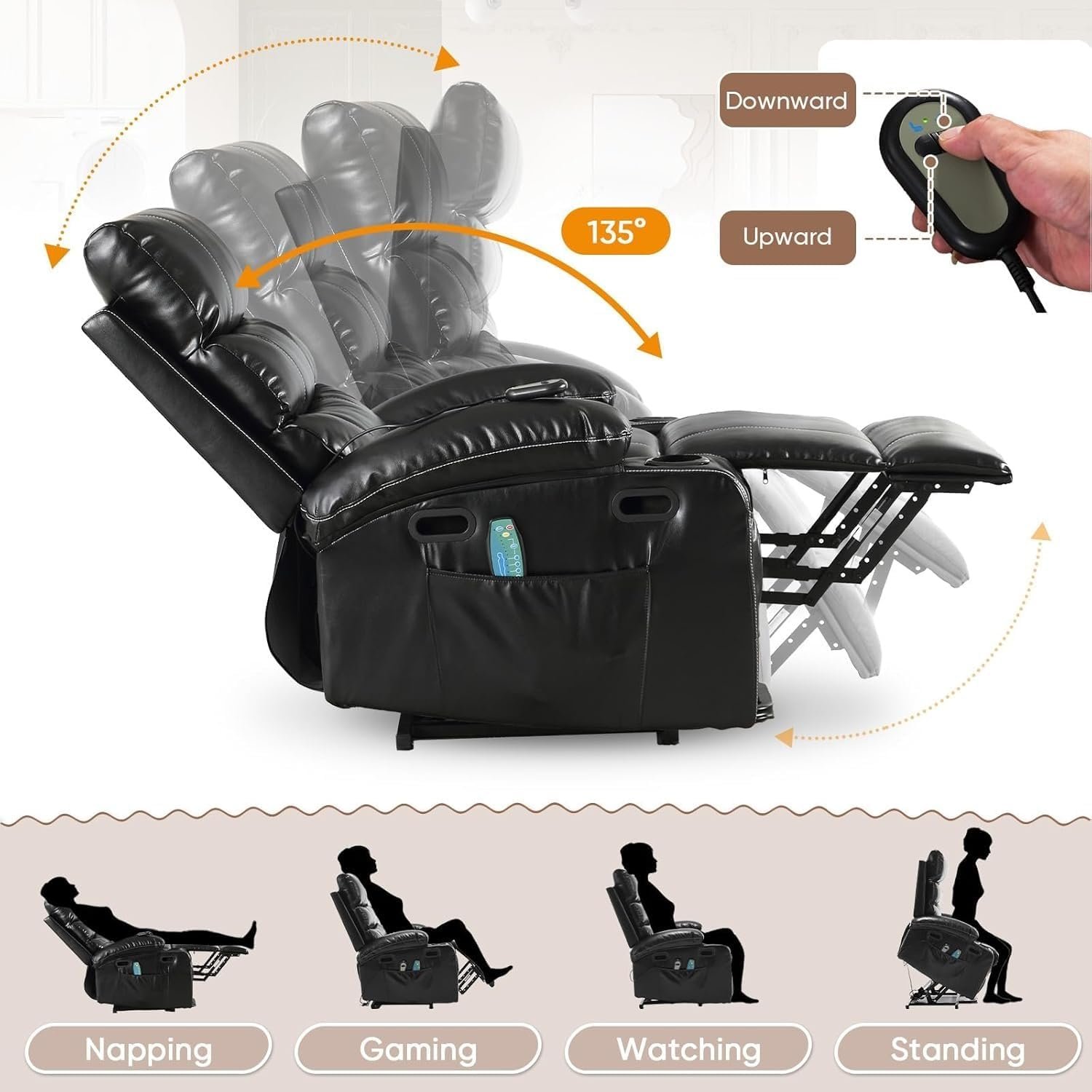 Oversized Electric Recliner Chair Adult Electric Power Lift Recliner Massage Chair with Heat  Massage, Upholstered, w/Cup Holders (Black) Lounge Sofa Home Theater Seating Electric Recliner