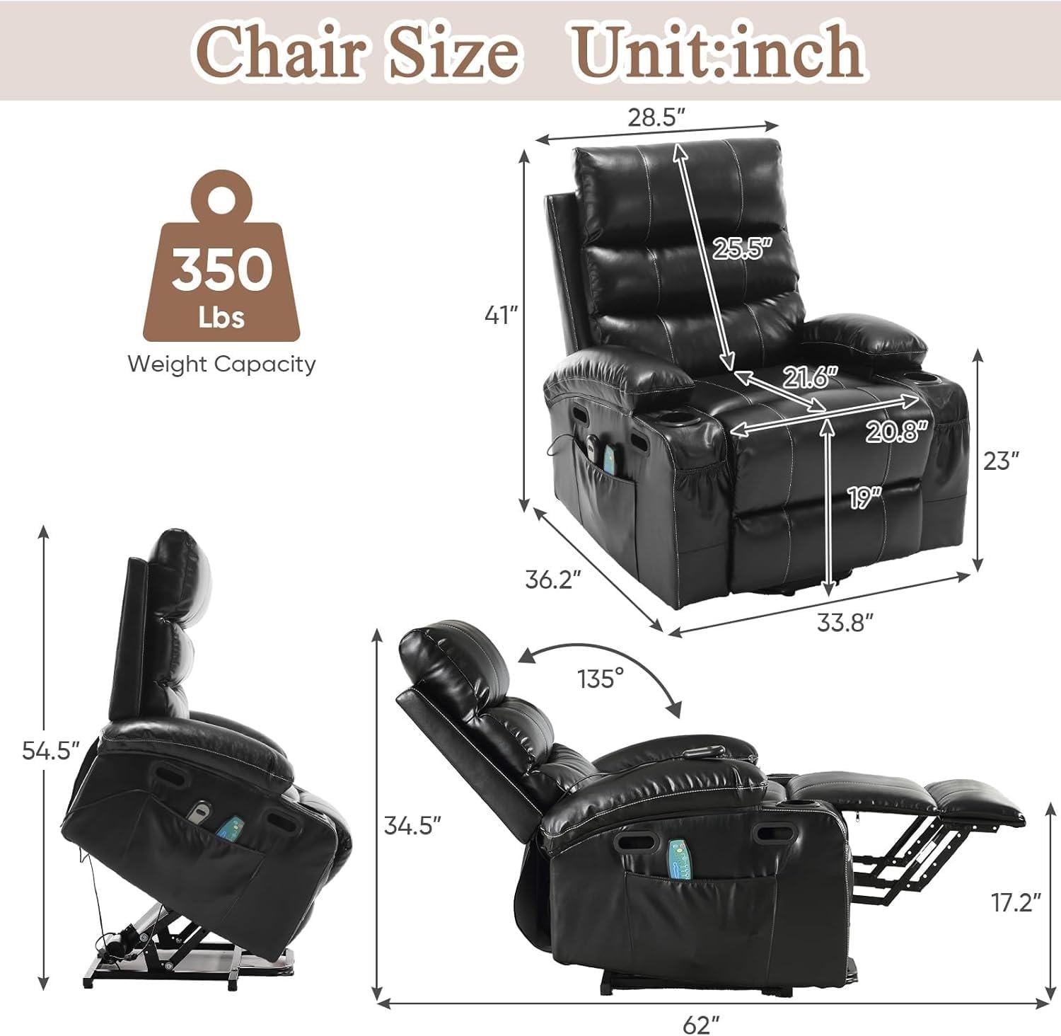 Oversized Electric Recliner Chair Adult Electric Power Lift Recliner Massage Chair with Heat  Massage, Upholstered, w/Cup Holders (Black) Lounge Sofa Home Theater Seating Electric Recliner