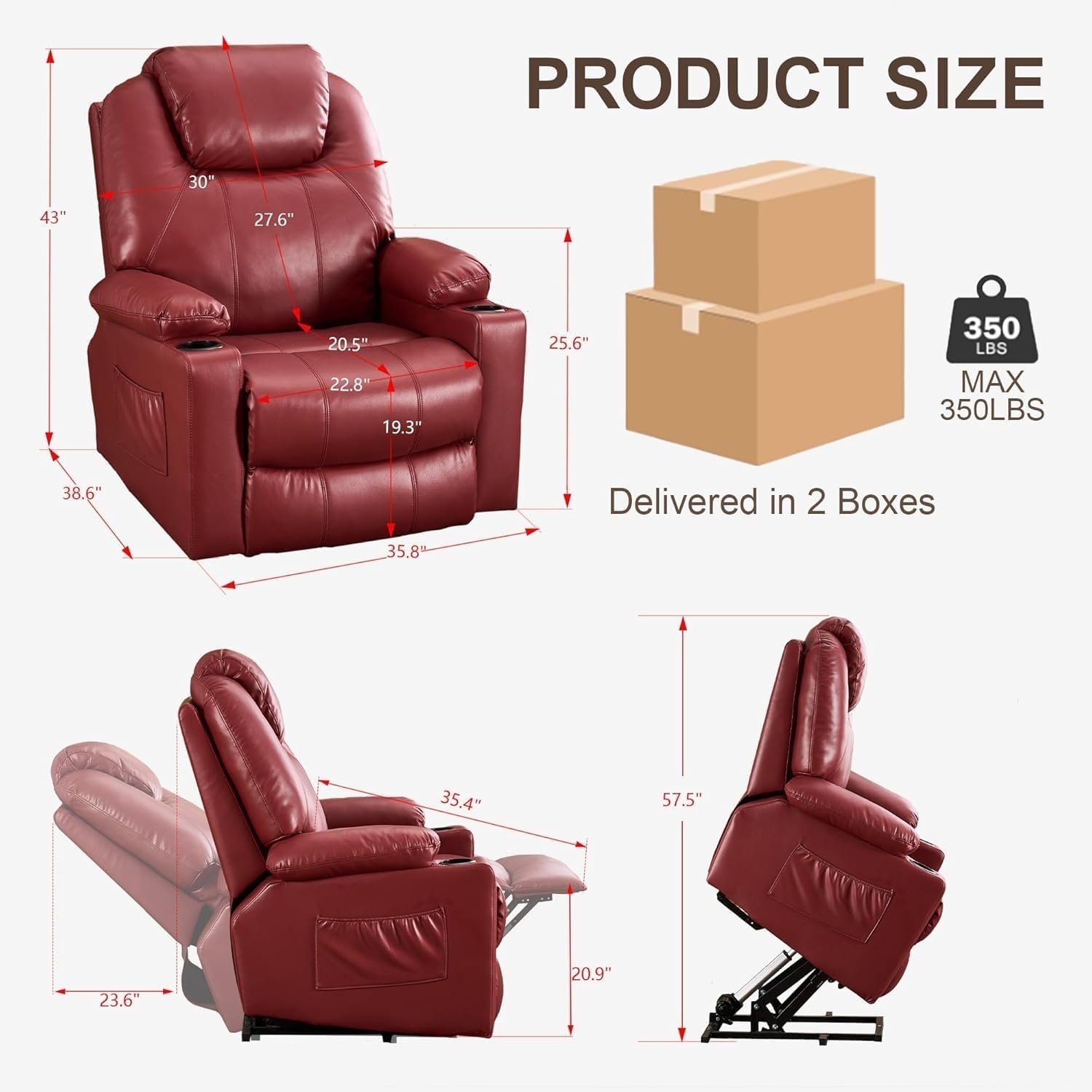 Oversized Electric Recliner Chair Adults Electric Power Lift Recliner Chair, with Massage and Heat, USB/type C Port/2 Cup Holders, Breathable Leather Lounge Sofa Home Theater Seating Electric Recliner