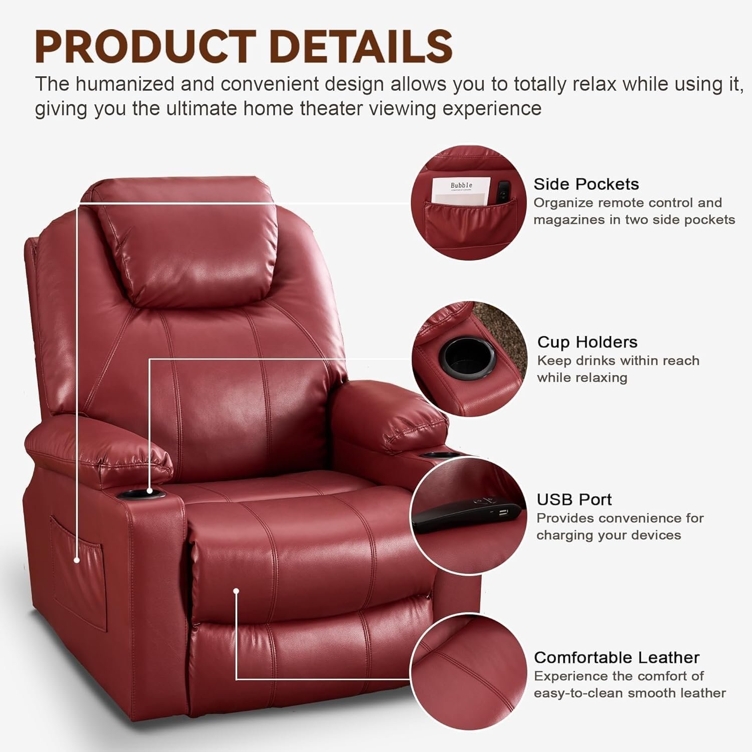 Oversized Electric Recliner Chair Adults Electric Power Lift Recliner Chair, with Massage and Heat, USB/type C Port/2 Cup Holders, Breathable Leather Lounge Sofa Home Theater Seating Electric Recliner