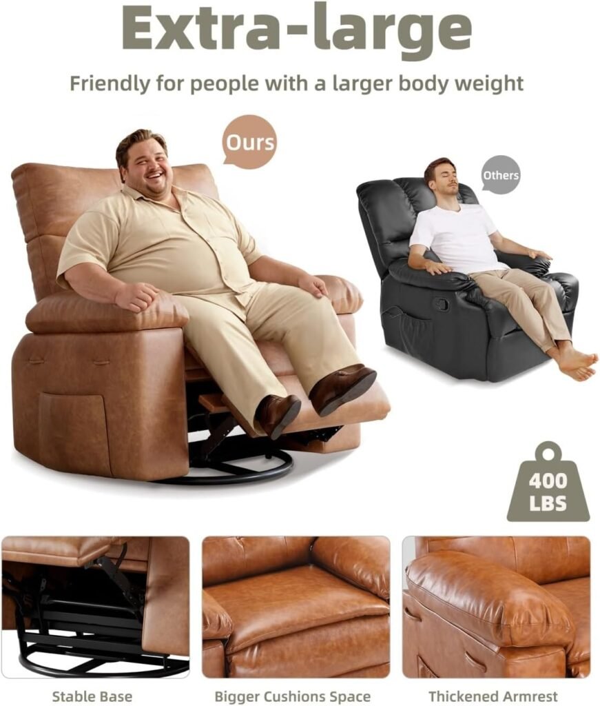 Oversized Recliner Chairs with Heat and Massage - 360° Swivel Lazy Boy Recliner Chair for Adults- Manual Rocking Chair with Remote Control for Living Rooms, Bedrooms and Nurseries - Coffee