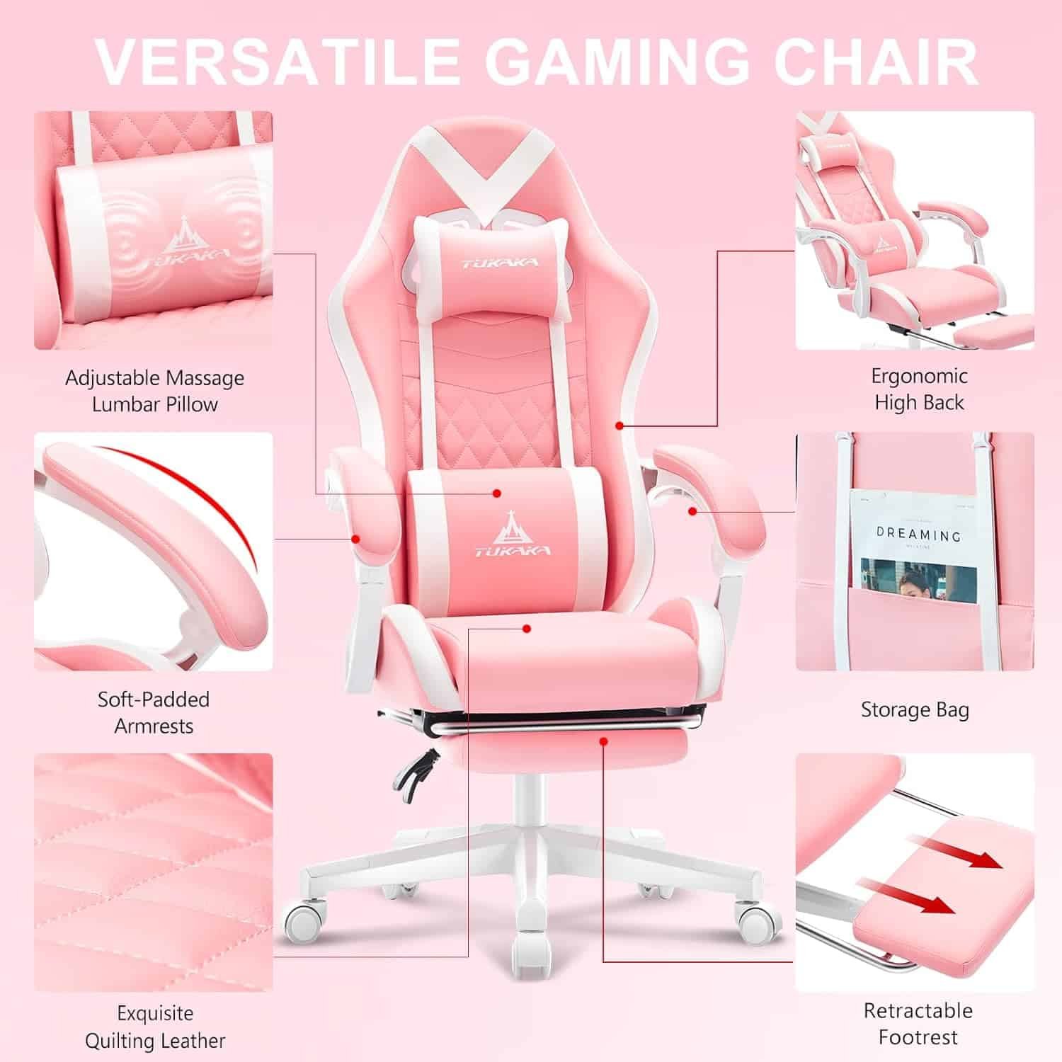 Pink Gaming Chair,Ergonomic Massage Computer Office Desk Chair with Footrest,Pocket Spring Cushion,Reclining Leather Adjustable Gamer Chair with Headrest and Lumbar Support,Pink