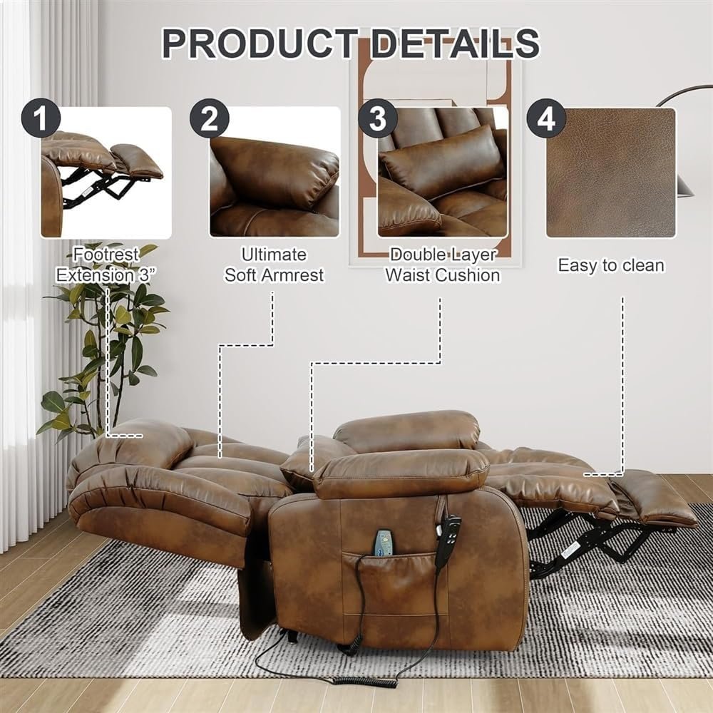 Power Lift Recliner Chair for Adults Elderly Lay Flat with Massage Heating, Extended Footrest, USB Ports, Cup Holder, Lumbar Pillow