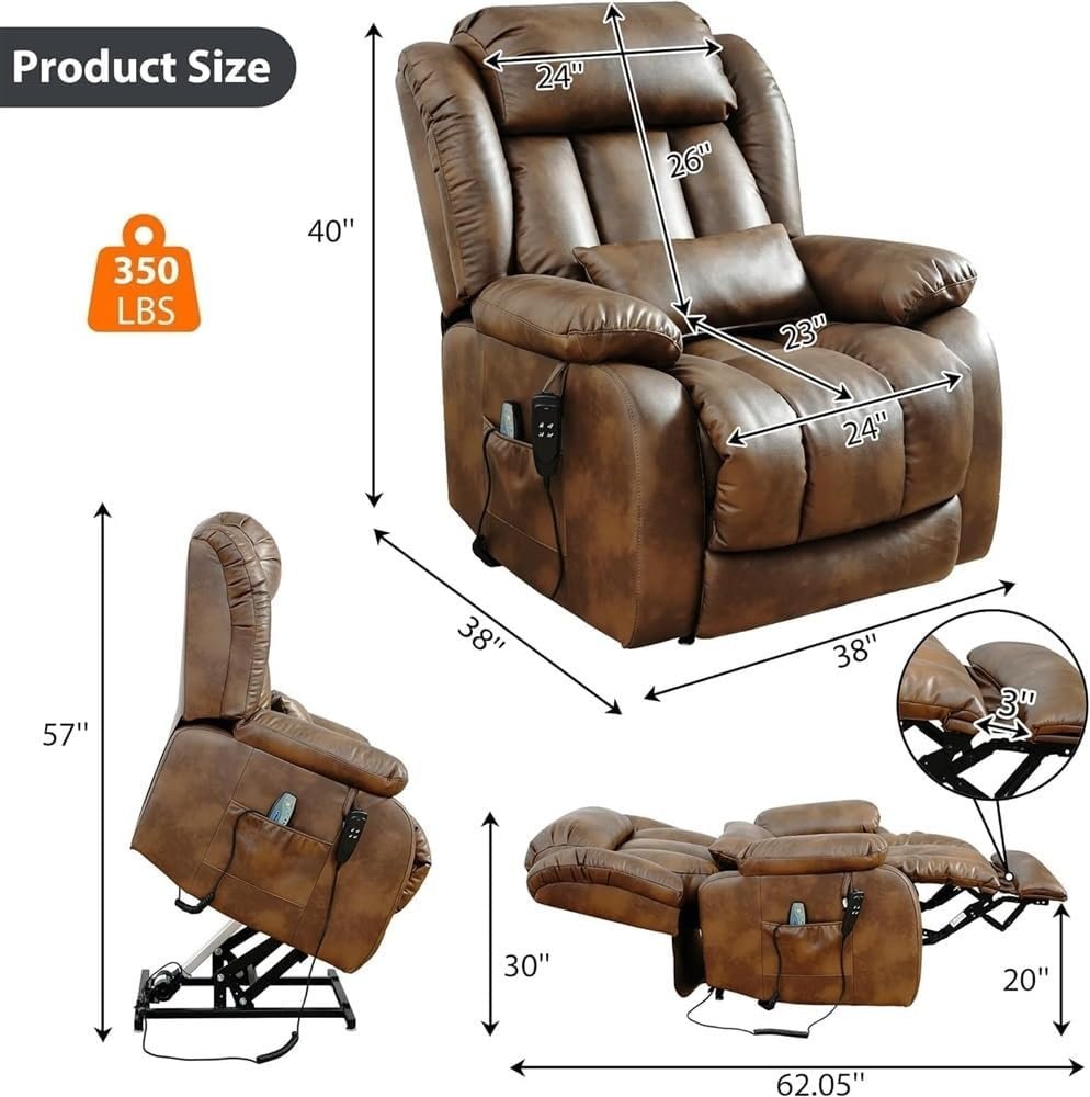 Power Lift Recliner Chair for Adults Elderly Lay Flat with Massage Heating, Extended Footrest, USB Ports, Cup Holder, Lumbar Pillow