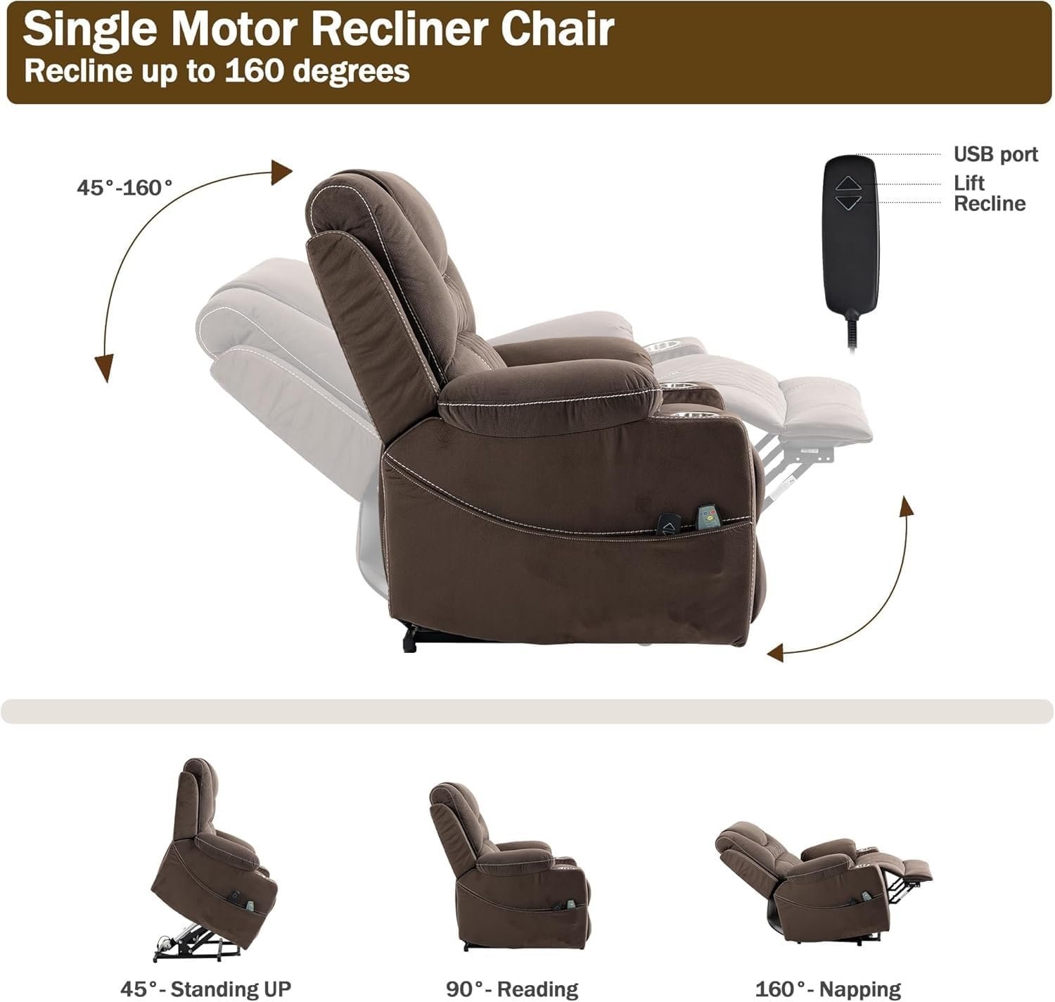 Power Lift Recliner Chair with Massage Heating for Adults Elderly Single Motor Electric Lay Flat Lift Chairs, Cup Holders, Side Pockets, USB Ports