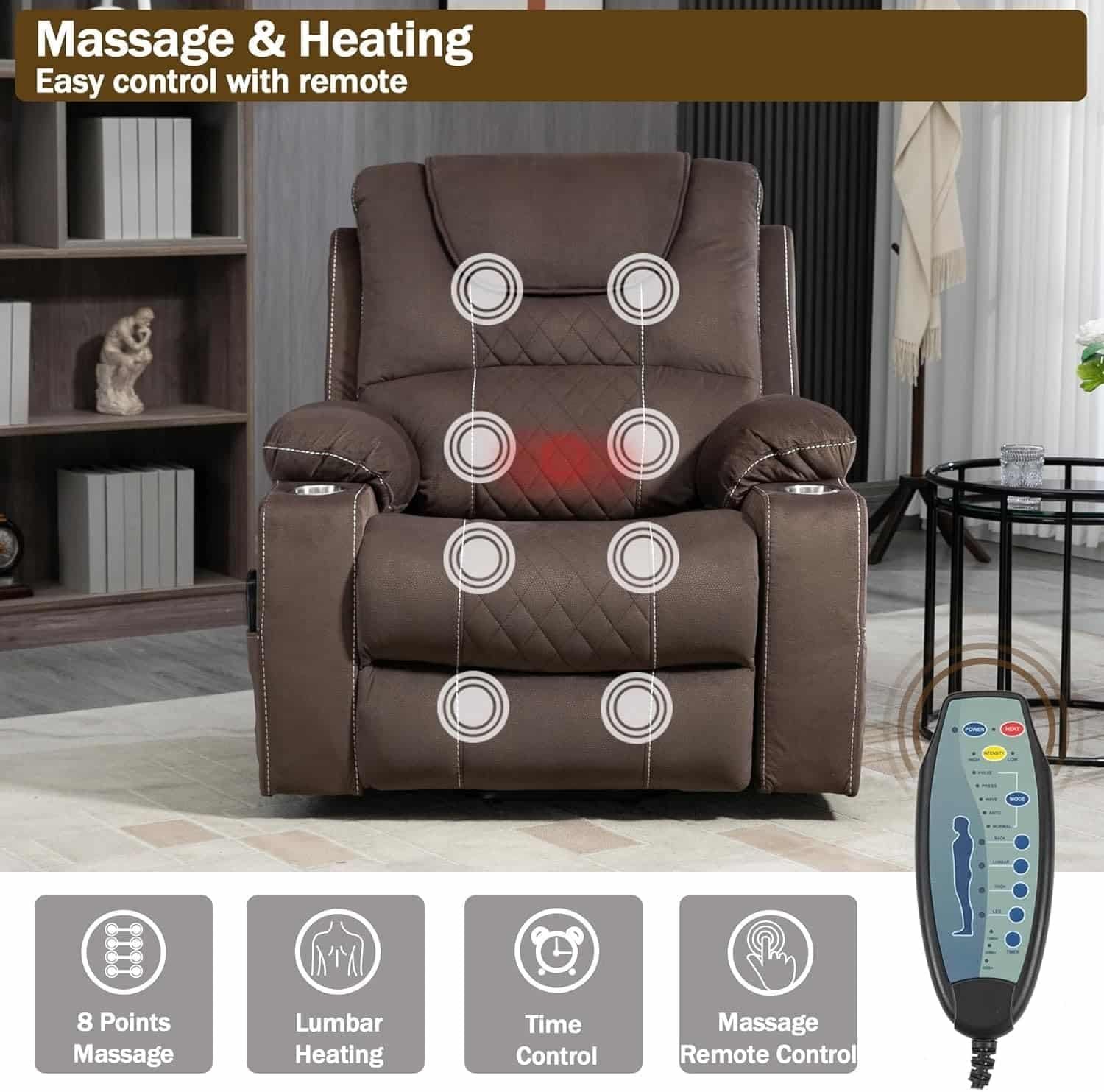 Power Lift Recliner Chair with Massage Heating for Adults Elderly Single Motor Electric Lay Flat Lift Chairs, Cup Holders, Side Pockets, USB Ports