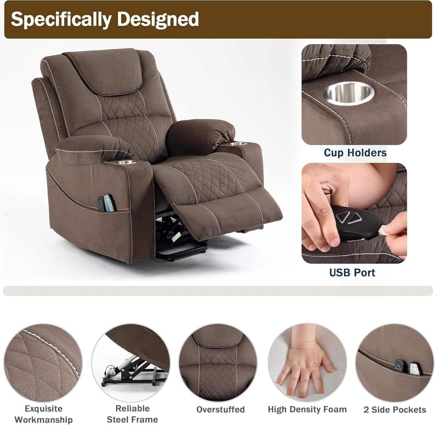 Power Lift Recliner Chair with Massage Heating for Adults Elderly Single Motor Electric Lay Flat Lift Chairs, Cup Holders, Side Pockets, USB Ports