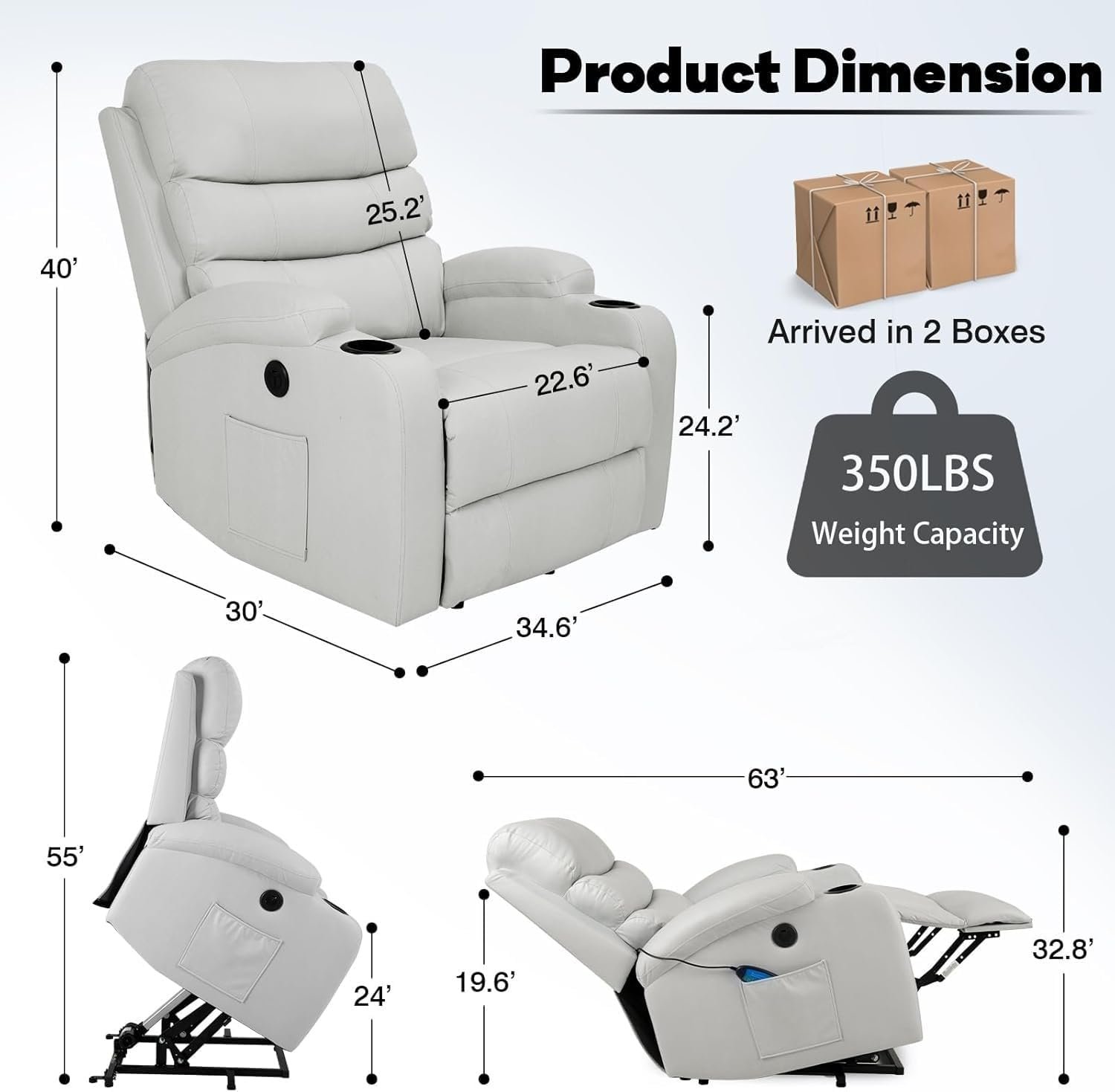 Power Recliner Chair for Elderly Lounge Sofa Home Adult Power Lift Recliner Chair, with Heat and Massage, Adjustable Headrest, with USB Ports, Cup Holders
