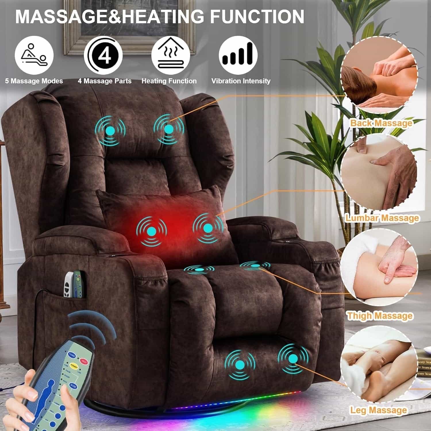 Power Recliner Chair for Elderly Lounge Sofa Home Adult Swivel Power Recliner Chair, with Vibrating Massage and Heating Glider Chair, Ambient Lighting, Side Pockets, Remote Control