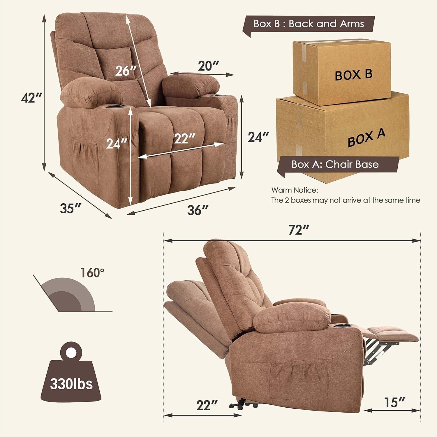 Power Recliner Chair for Elderly Lounge Sofa Home Adults Power Lift Chairs Recliners, with Massage and Heating, Side Pockets, Cup Holders, Remote Control, Brown