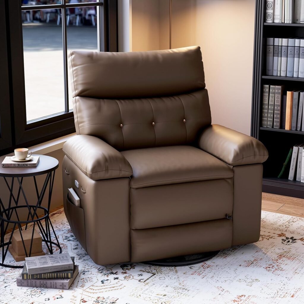 Recliner Chair for Adults,PU Leather Electric Rocker Recliner,360 Degree Swivel Lounge Chair with Side Pocket,Modern Massage Recliner Chair Sofa for Living Room,Bedroom (Light Brown)