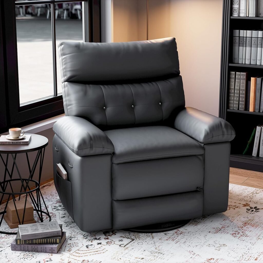 Recliner Chair for Adults,PU Leather Electric Rocker Recliner,360 Degree Swivel Lounge Chair with Side Pocket,Modern Massage Recliner Chair Sofa for Living Room,Bedroom (Light Brown)