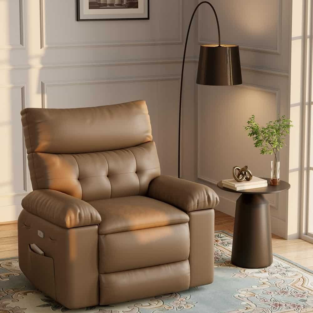 Recliner Chair for Adults,PU Leather Electric Rocker Recliner,360 Degree Swivel Lounge Chair with Side Pocket,Modern Massage Recliner Chair Sofa for Living Room,Bedroom (Light Brown)