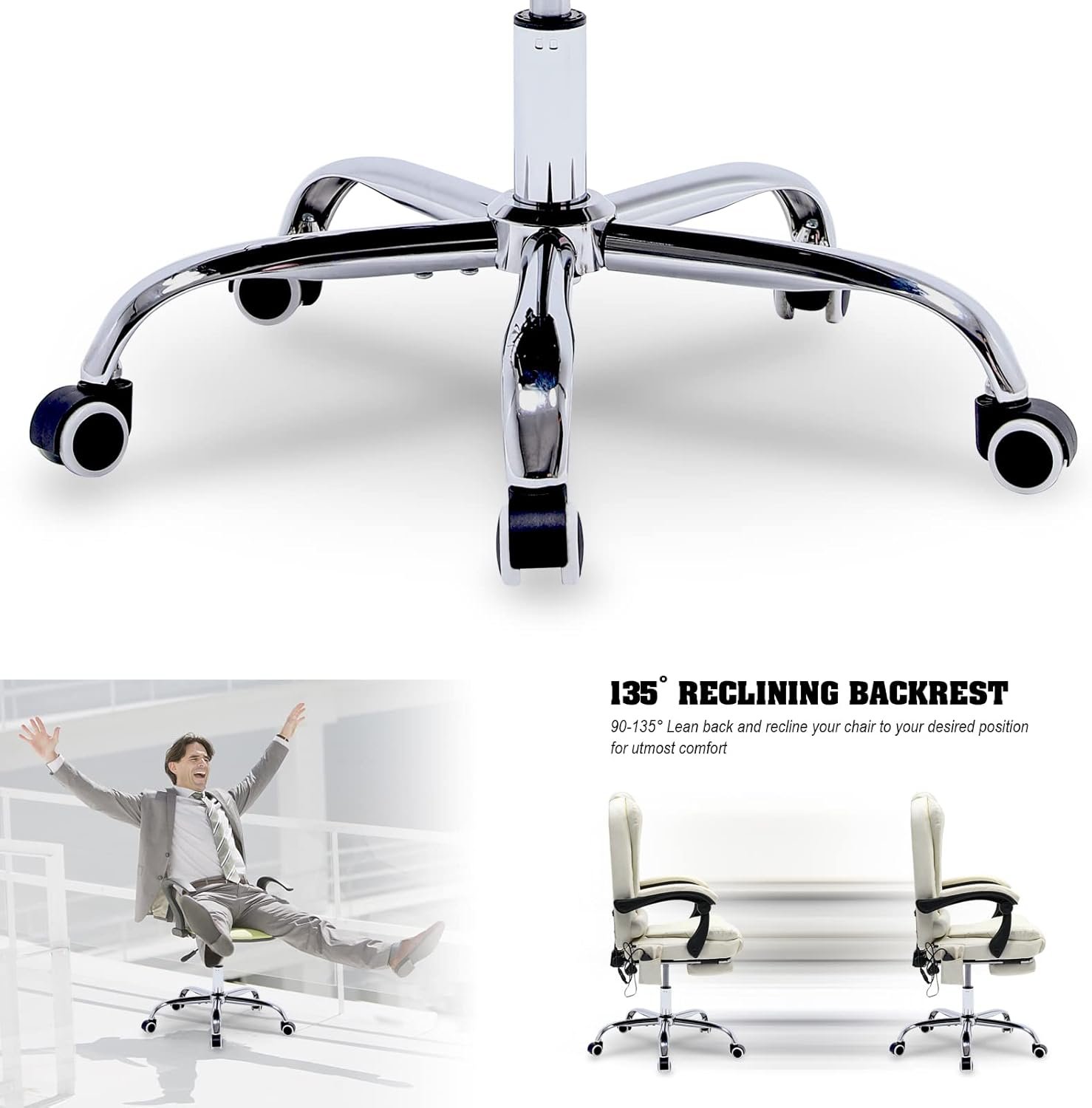 Reclining Office Chair with Massage, Ergonomic Office Chair w/Foot Rest, PU Leather Executive Computer Chair w/Heated, Padded Armrest, High Back Swivel Recliner for Office Home Study (White)