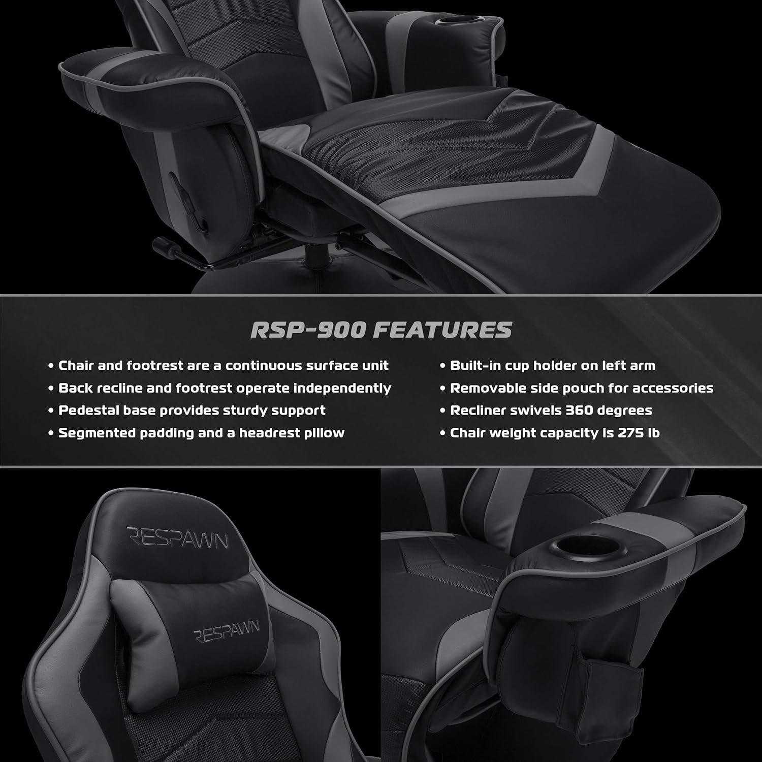 RESPAWN 900 Gaming Recliner - Video Games Console Recliner Chair, Computer Recliner, Adjustable Leg Rest and Recline, Recliner with Cupholder, Reclining Gaming Chair with Footrest - Gray Fabric