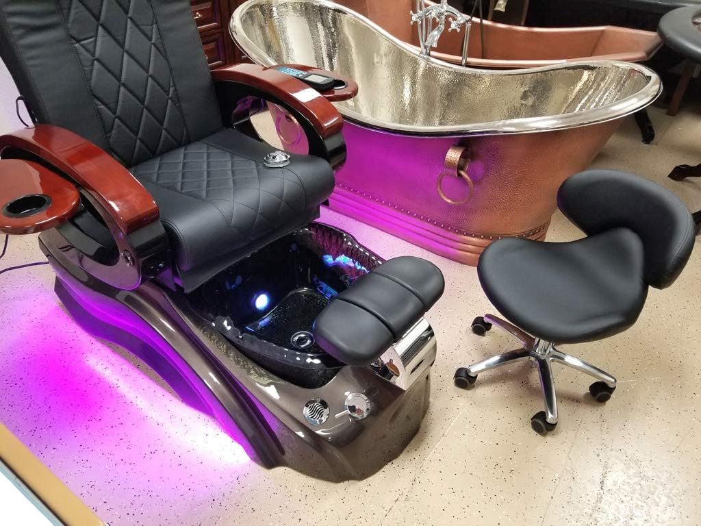 Salon Shiatsu Massage Pedicure Foot Spa Chair w/Pipeless Tub Basin Tub and Operator Stool - LED Lights (Black Chair) (Gold Basin)