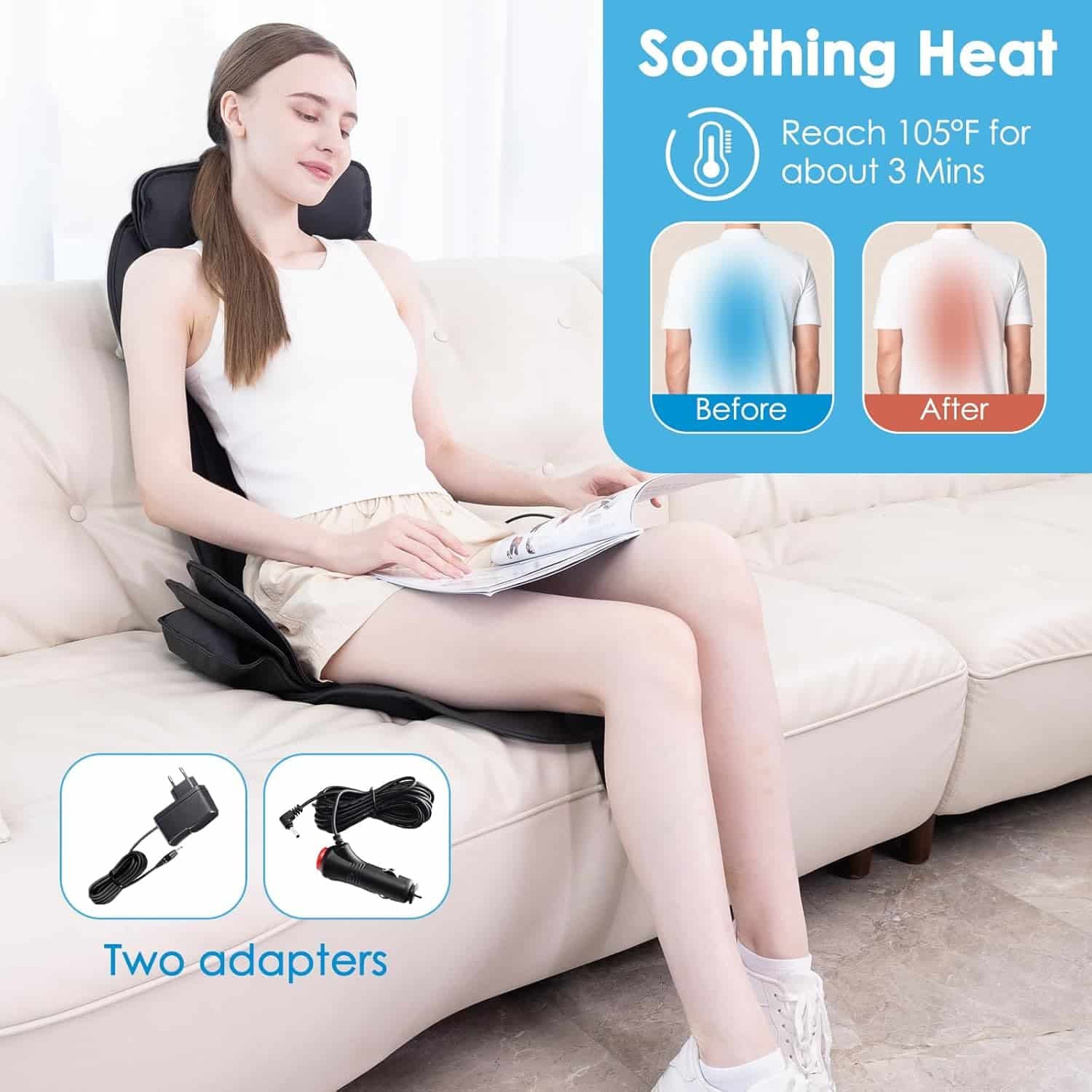 Shiatsu Back Massager for Pain Relief Deep Tissue, Chair Massager with Soothing Heat  Vibration, Soft S-Curve  Height Adjustable for Diverse Body Contours, Home Office Gifts for Men Women
