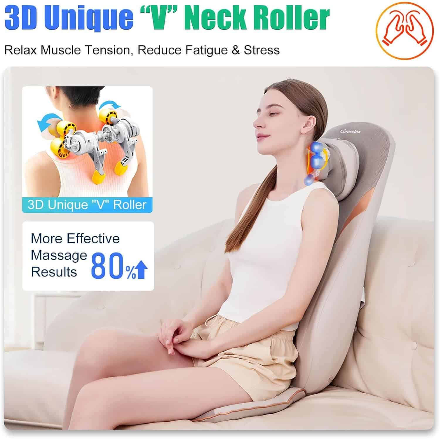Shiatsu Neck  Back Massager with Heat, 3D Unique V Neck Roller, Deep Tissue Kneading Massage Chair Pad for Neck, Back  Shoulders, Vibration Cushion with Smart Timer, S-Shaped Design, PU Leather