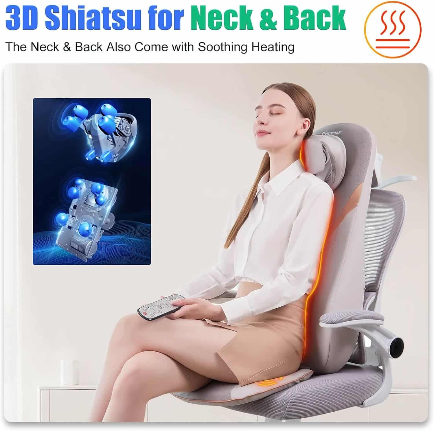 Shiatsu Neck  Back Massager with Heat, 3D Unique V Neck Roller, Deep Tissue Kneading Massage Chair Pad for Neck, Back  Shoulders, Vibration Cushion with Smart Timer, S-Shaped Design, PU Leather