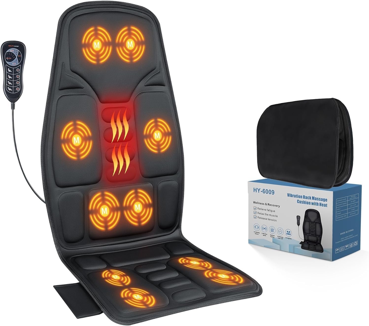 SLOTHMORE Back Massage Chair Pad, Back Massager with Heat for Pain Relief, Chair Massager for Full Body Massage, Deep Tissue Vibration Massger with 2 Adapters, Chair Massager for Office and Recliner