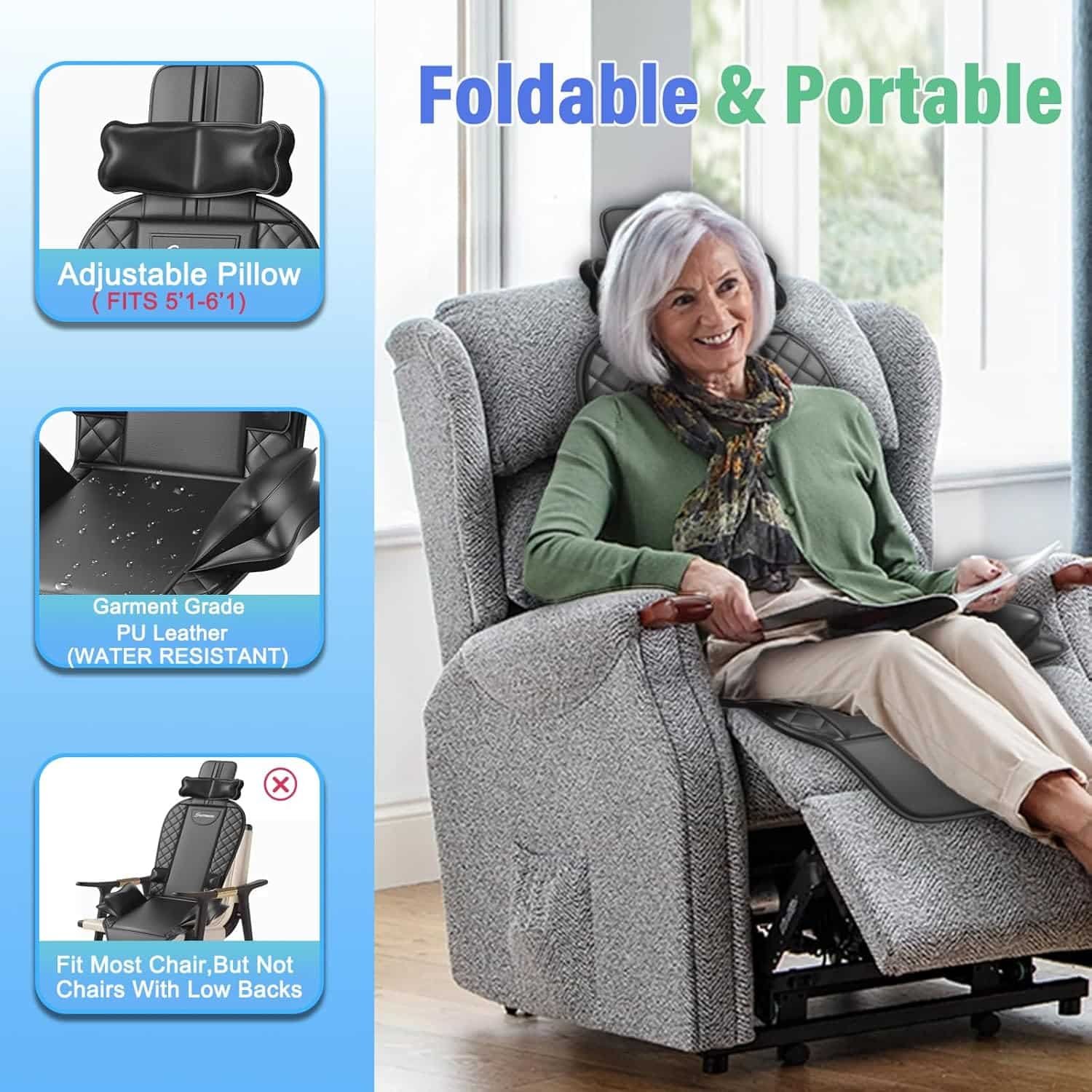 SLOTHMORE Back Massager with Heat  Traction  Vibration, Chair Massager Pad for Office Home, Seat Massager for Pain Relief Deep Tissue, Lumbar Traction, PU Leather, Foldable, for 5’1” to 6’1”