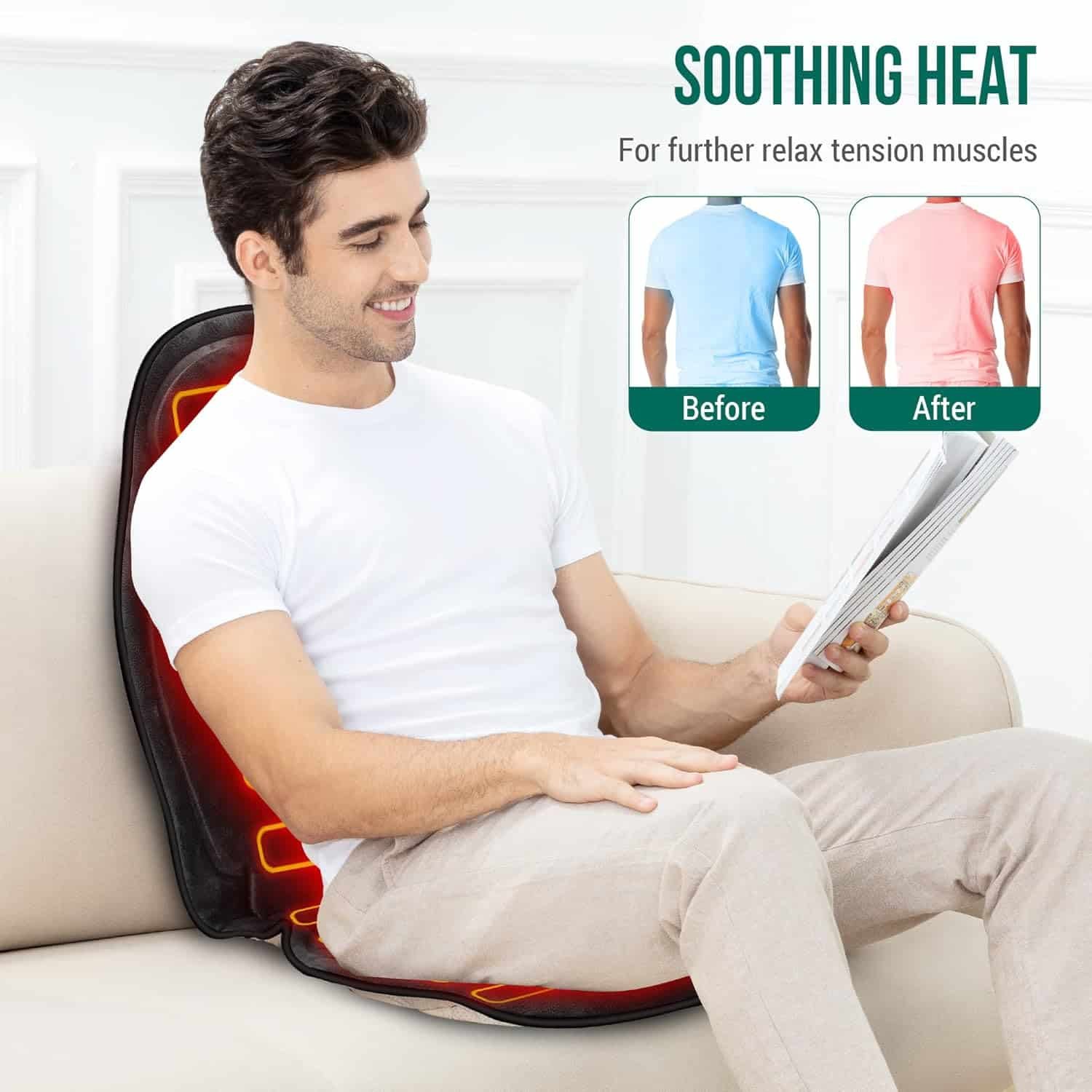 Snailax Back Massager with Heat, Memory Foam Chair Massage Pad, 5 Massage Modes  2 Heat Settings, Seat Massager for Office Chair,Home Use
